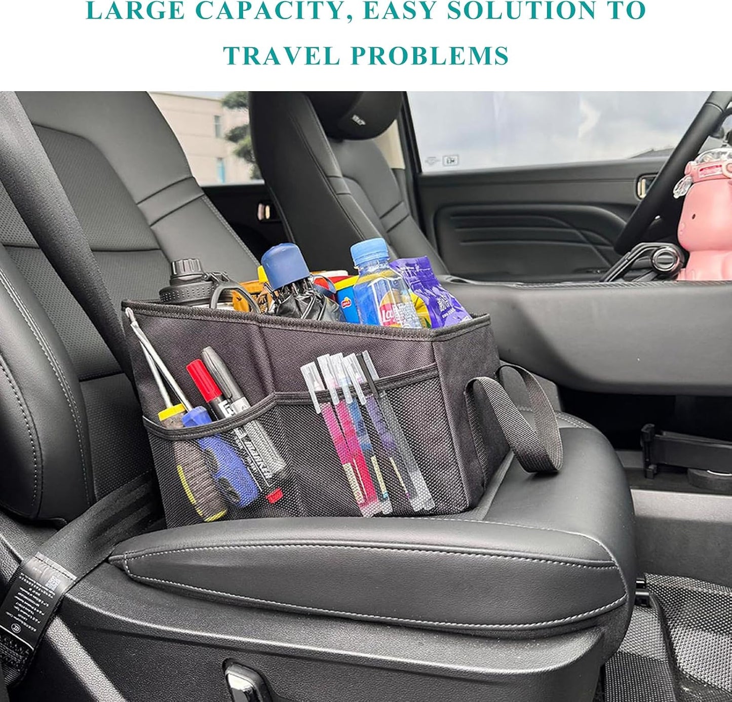 Car Seat Organizer, Collapsible Passenger Seat Organizer with Detachable Divider & Handle, Multiple-Pocket Car Storage Organization for Console Floor Front or Back Seats (Black)