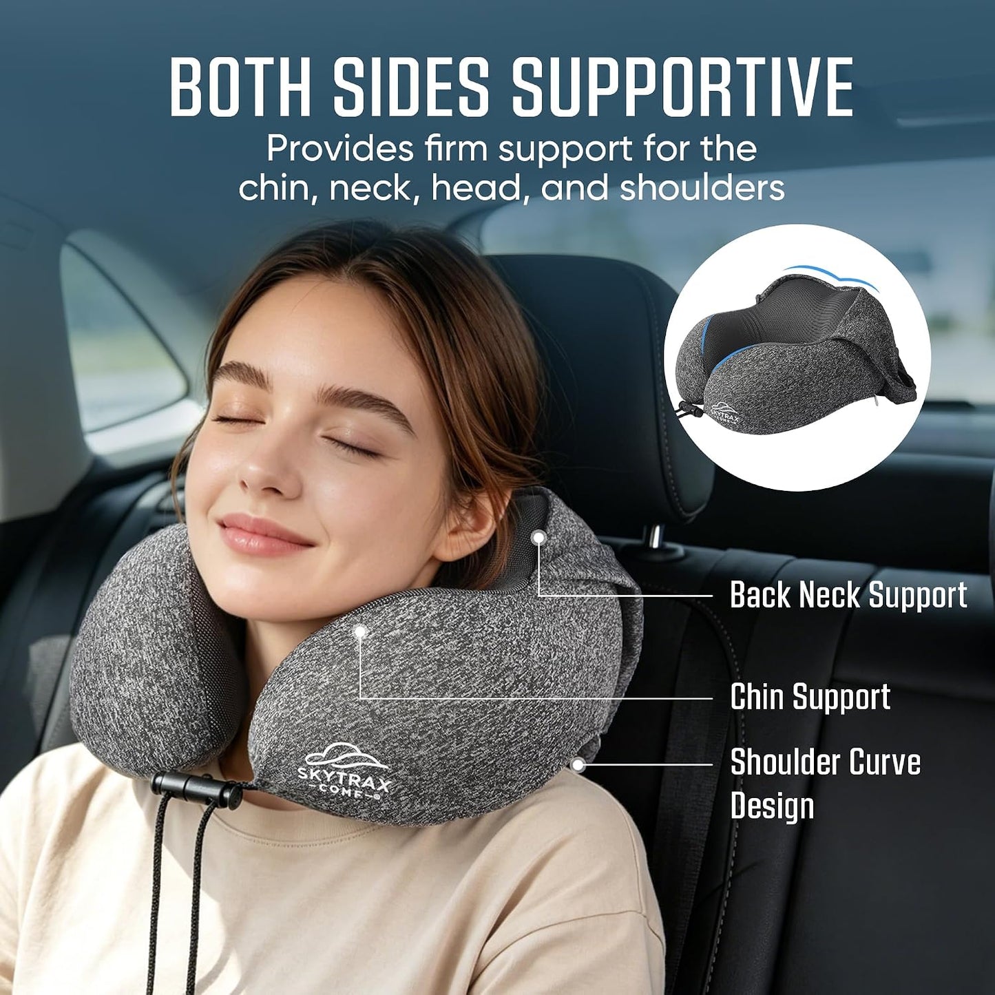 SkytraxComf® Travel Neck Pillow with Hood for Privacy on Long Flights | Memory Foam | Airplane Sleep | Safety-Tested Materials | Extra Large Hood | Chin Support | Earplugs | Washable Cover
