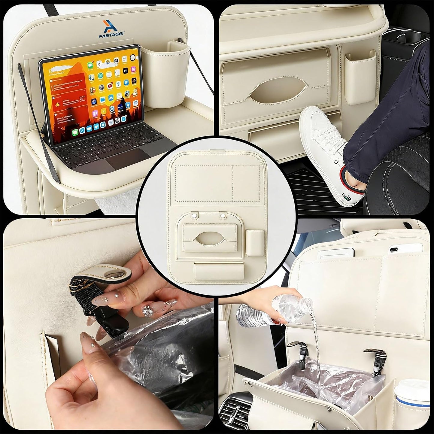Universal Premium Leather Foldable Car Backseat Organizer with Table Tray, Car Seat Back Protector with Garbage Bag Touch Screen Pad Holder, Car Kick Mats Protector with Tissue Holder (Beige)