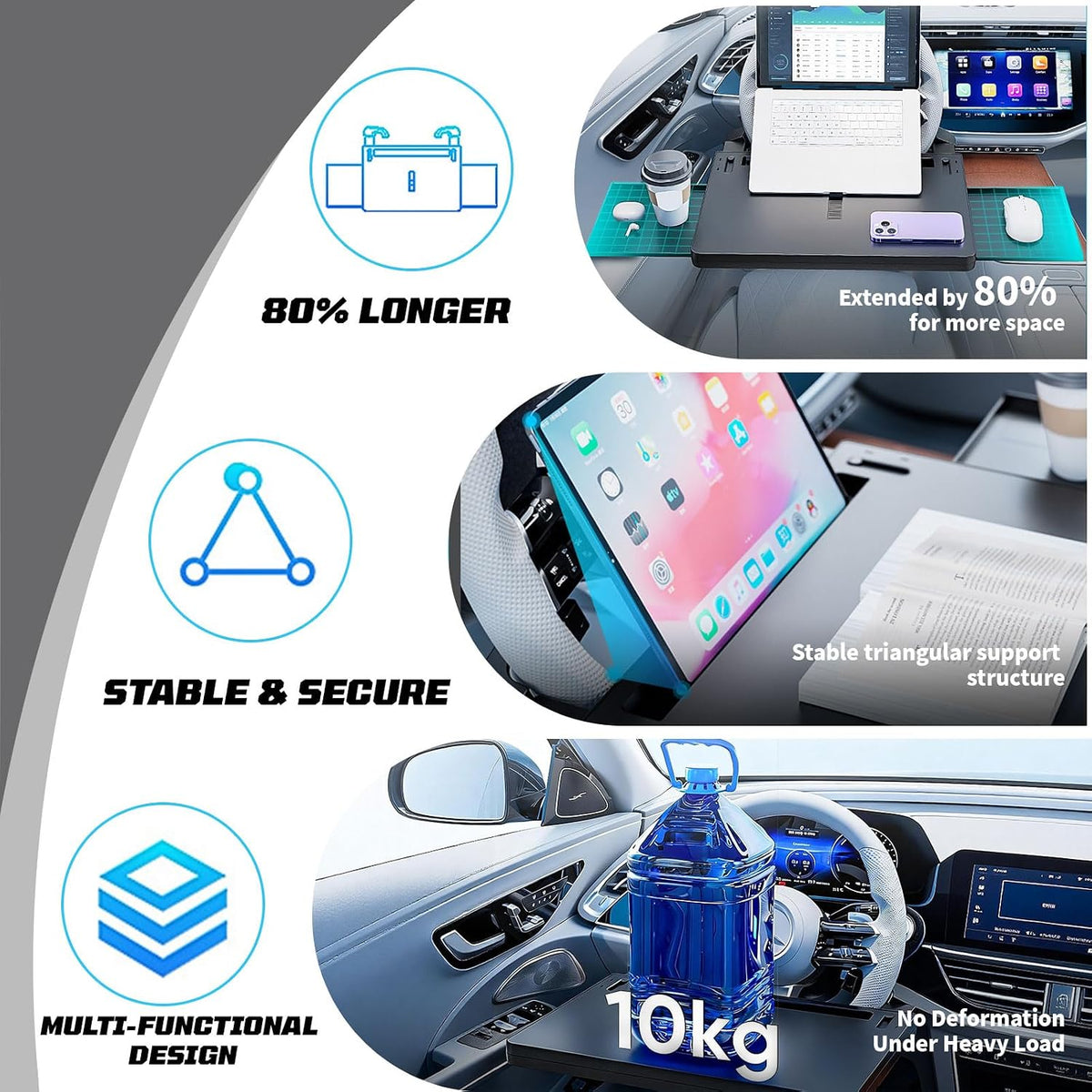 Extendable Steering Wheel Tray, Large Steering Wheel Desk with 2 Retractable Tray, Multipurpose Car Table for Laptop Eating & Working, Fits for Most Cars SUVs Trucks (Black)