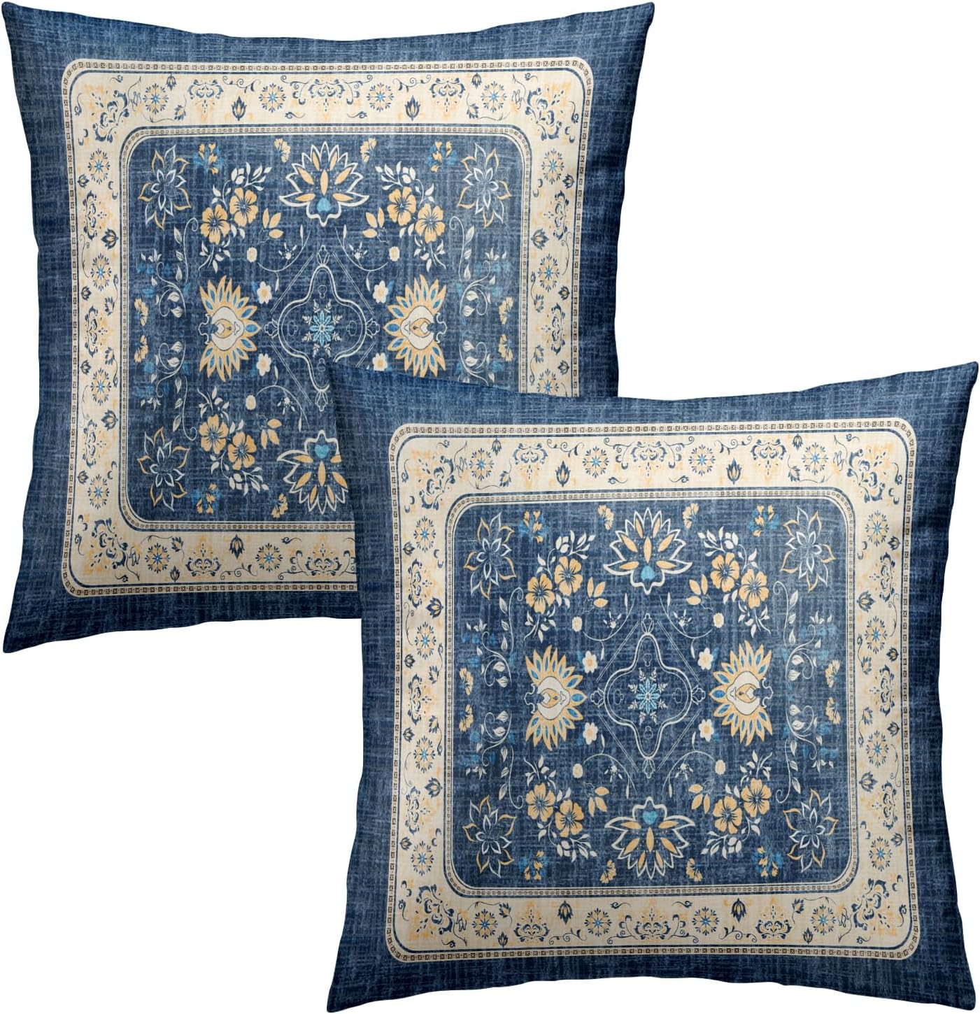 Giwawa Blue Boho Throw Pillow Covers 16x16 Inch Ethnic Floral Decorative Pillow Cases Set of 2 Square Cushion Covers for Sofa Couch Outdoor Decor