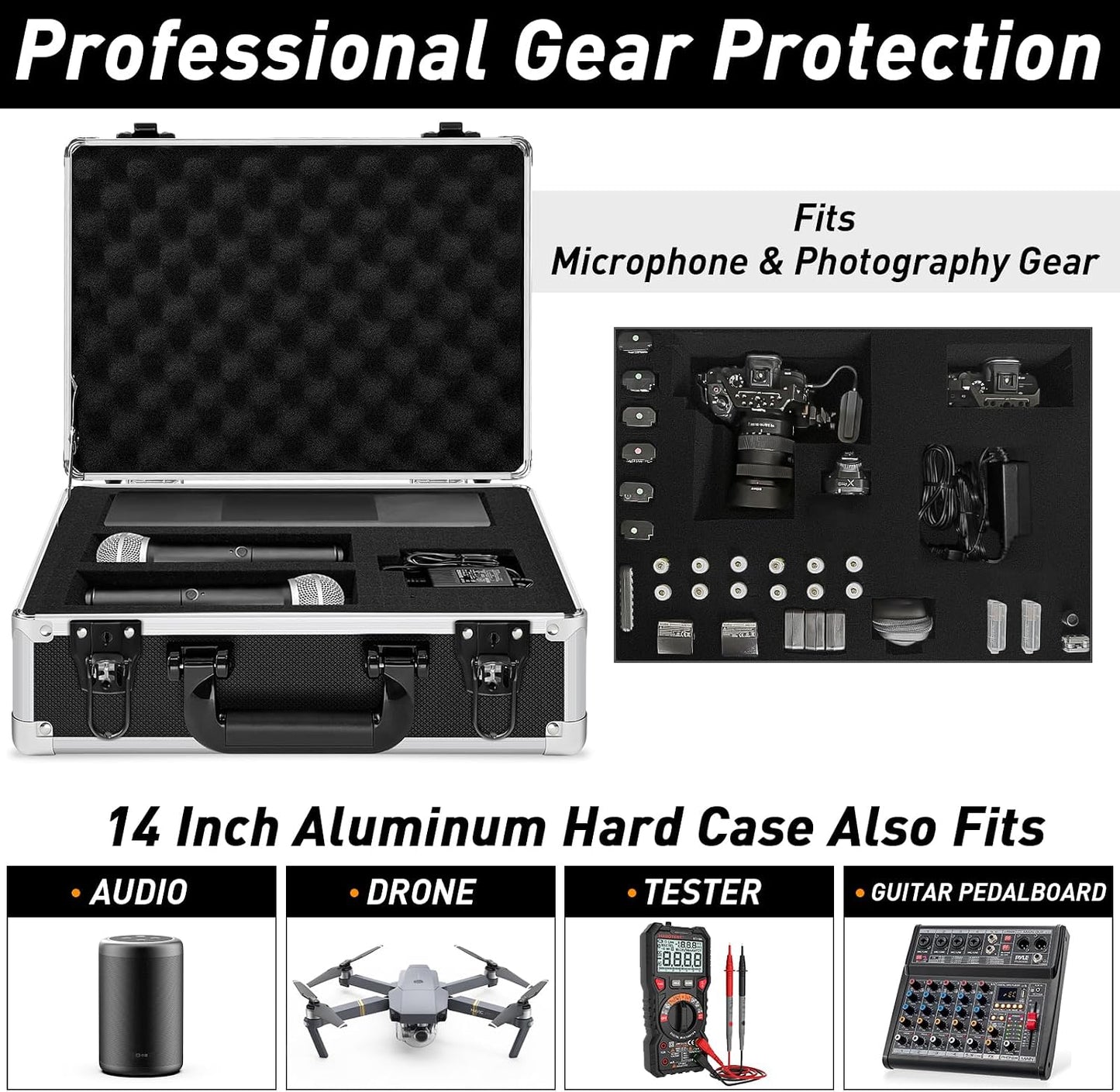Fukumi 14 Inch Aluminum Hard Case with Customizable Foam – Heavy-Duty Protective Carrying Case for Wireless Microphone Systems, Camera Gear, and Electronics – Black