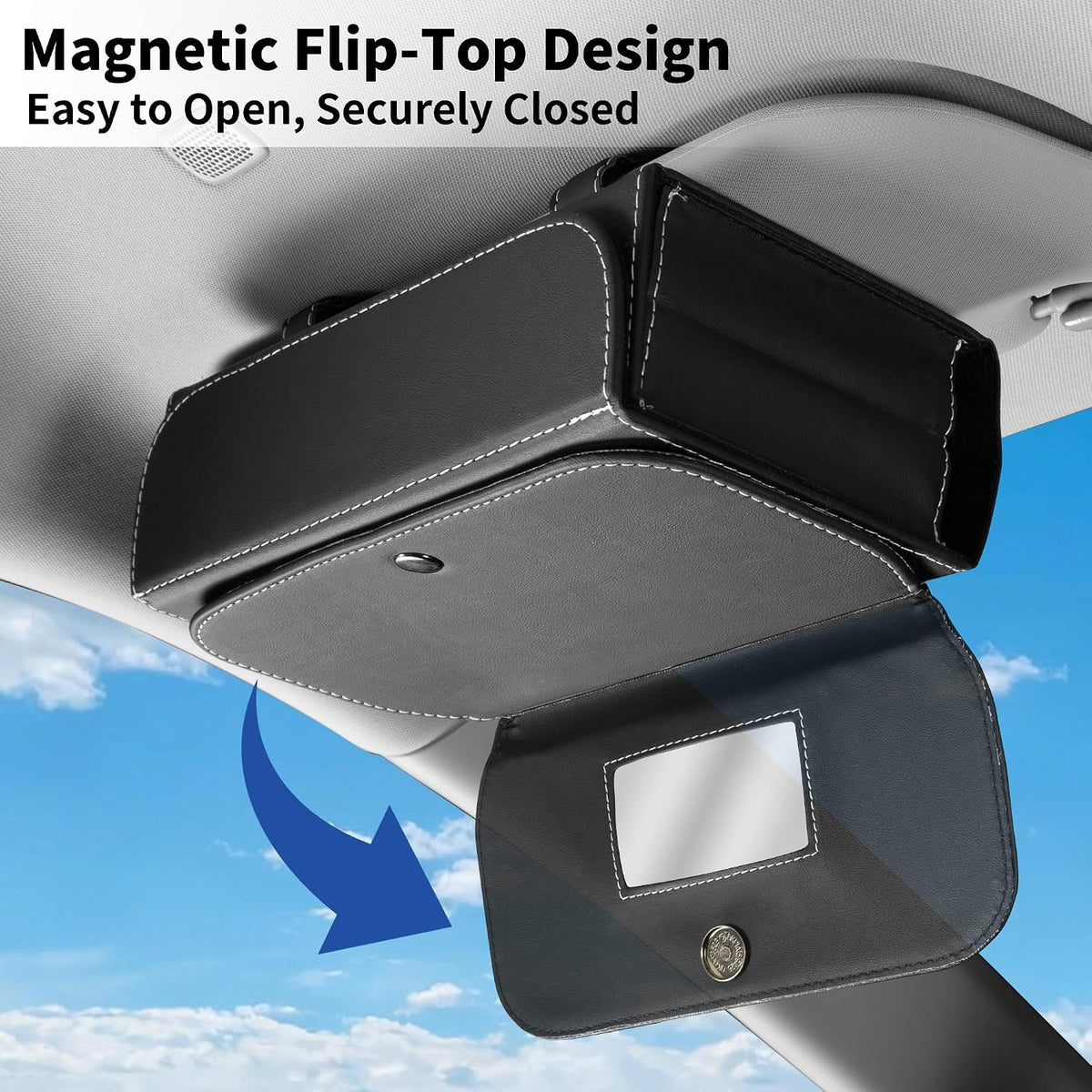 Car PU Leather Clip On Visor Tissue Holder with Mirror Storage Black