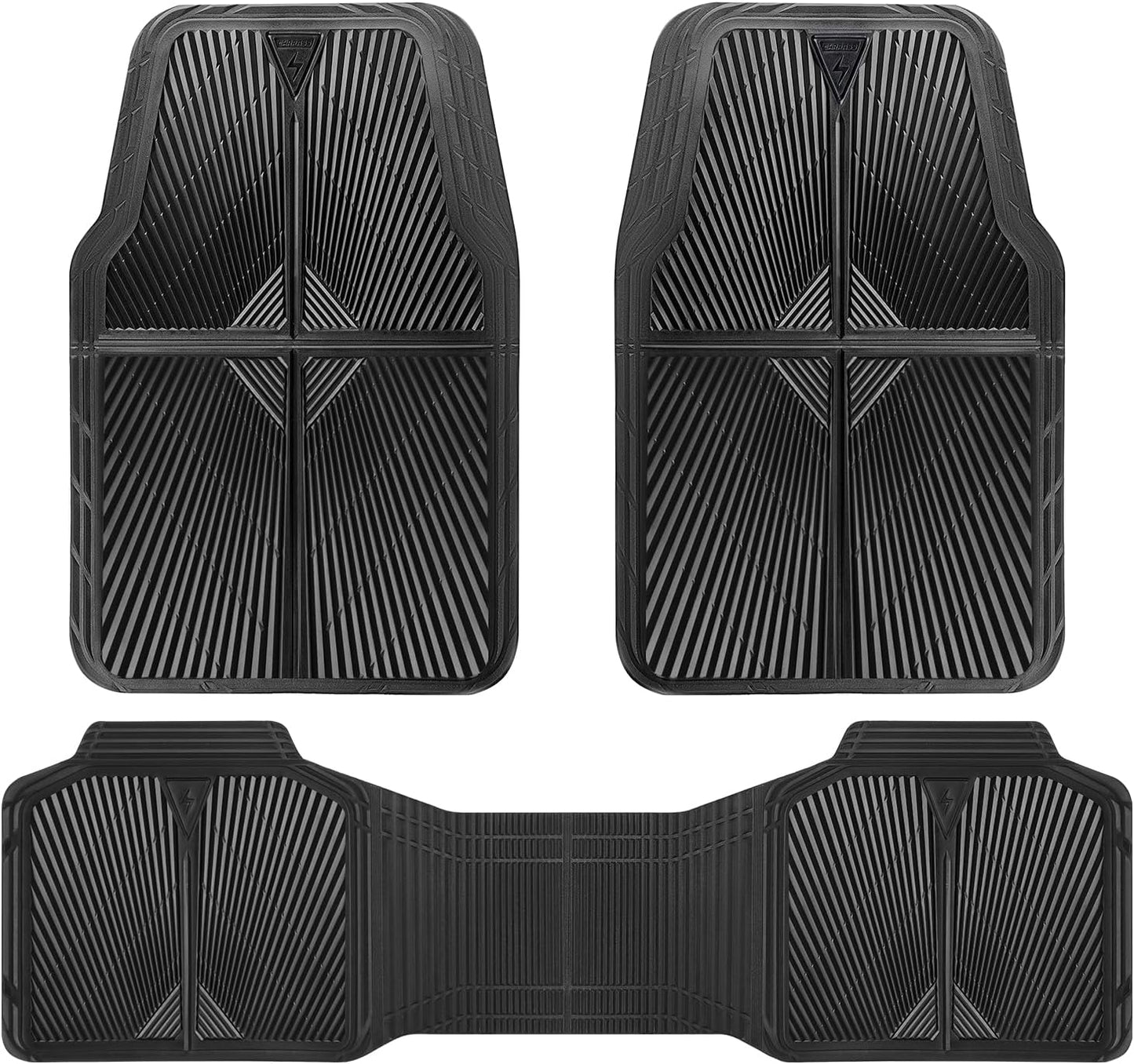 CAR PASS Rubber Floor Mats, All Weather Waterproof Trim-to-Fit Automotive Mats for Cars Trucks SUV, Anti-Slip Easy Clean, Heavy Duty Full Set 3-Piece, All Black