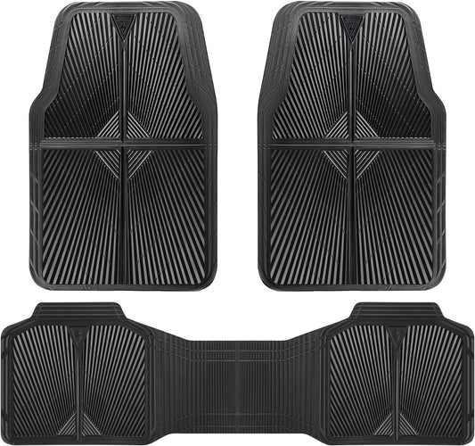 CAR PASS Rubber Floor Mats, All Weather Waterproof Trim-to-Fit Automotive Mats for Cars Trucks SUV, Anti-Slip Easy Clean, Heavy Duty Full Set 3-Piece, All Black