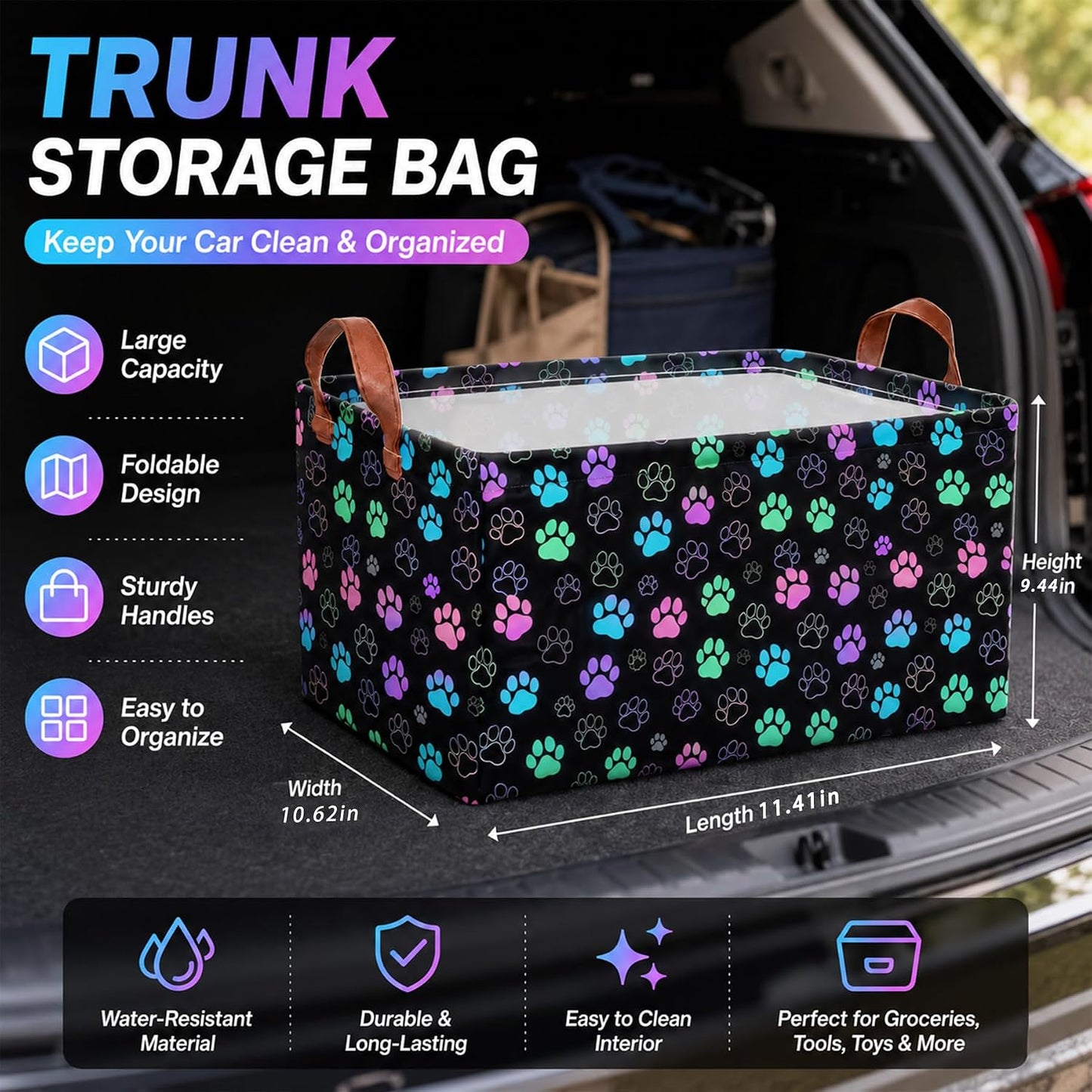 Bat Car Trunk Organizer,20L Collapsible Auto Storage Basket with Handles | Waterproof Soft Storage Chest,Shopping Grocery Bags Rectangle Fabric Bins Storage Box for Car SUV,Bat Gifts for Driver