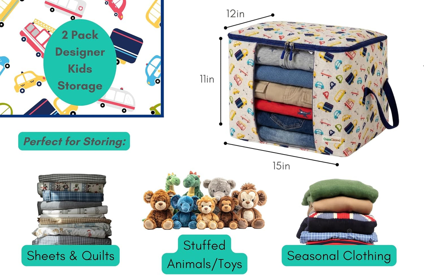 Chaos Cleared Kids Storage Bags – 100% Cotton Canvas Toy & Clothes Organizer with Cute Design – Storage Bin for Stuffed Animals, Baby Items & Clothes with Zipper & Handles (Cars Boy Print)