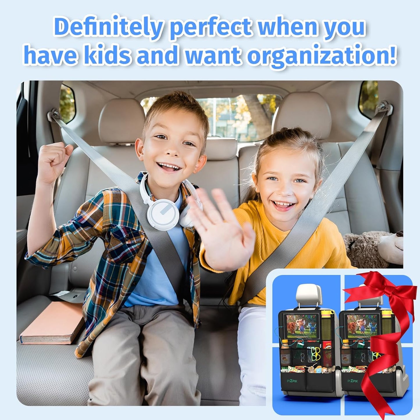 Plzpik Car Backseat Organizer with Tablet Holder,11 Storage Pockets with Foldable Food Tray, Protector Kick Mats for Kids, Travel Accessories Organizer (Black, 2-Pack)