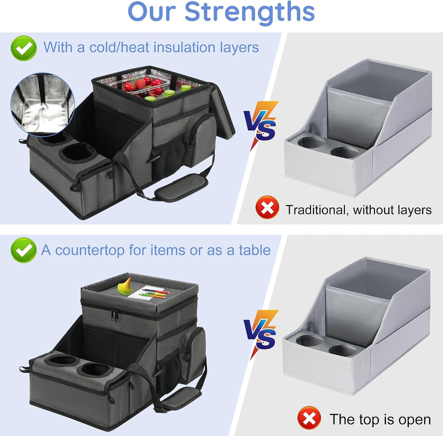 Car Front/Back Seat Organizer with Cup Holder, Movable Divider & Side Pockets, Insulated Compartment for Hot/Cold; Holds Bottles Firmly in Place, Non-slip, Easy-clean, Foldable with Strap
