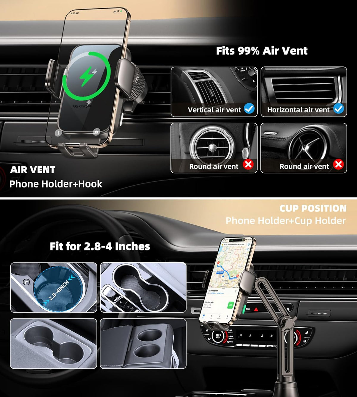 Dual Coil 15W Cup Phone Holder Mount, Wireless Car Charger Auto-Clamping Fast Charging Vent Phone Holders for Your Car for iPhone Duo/18/17/16/15/14/13/12/11 Series, Samsung Flip S25 S24 S23 S22 Ultra