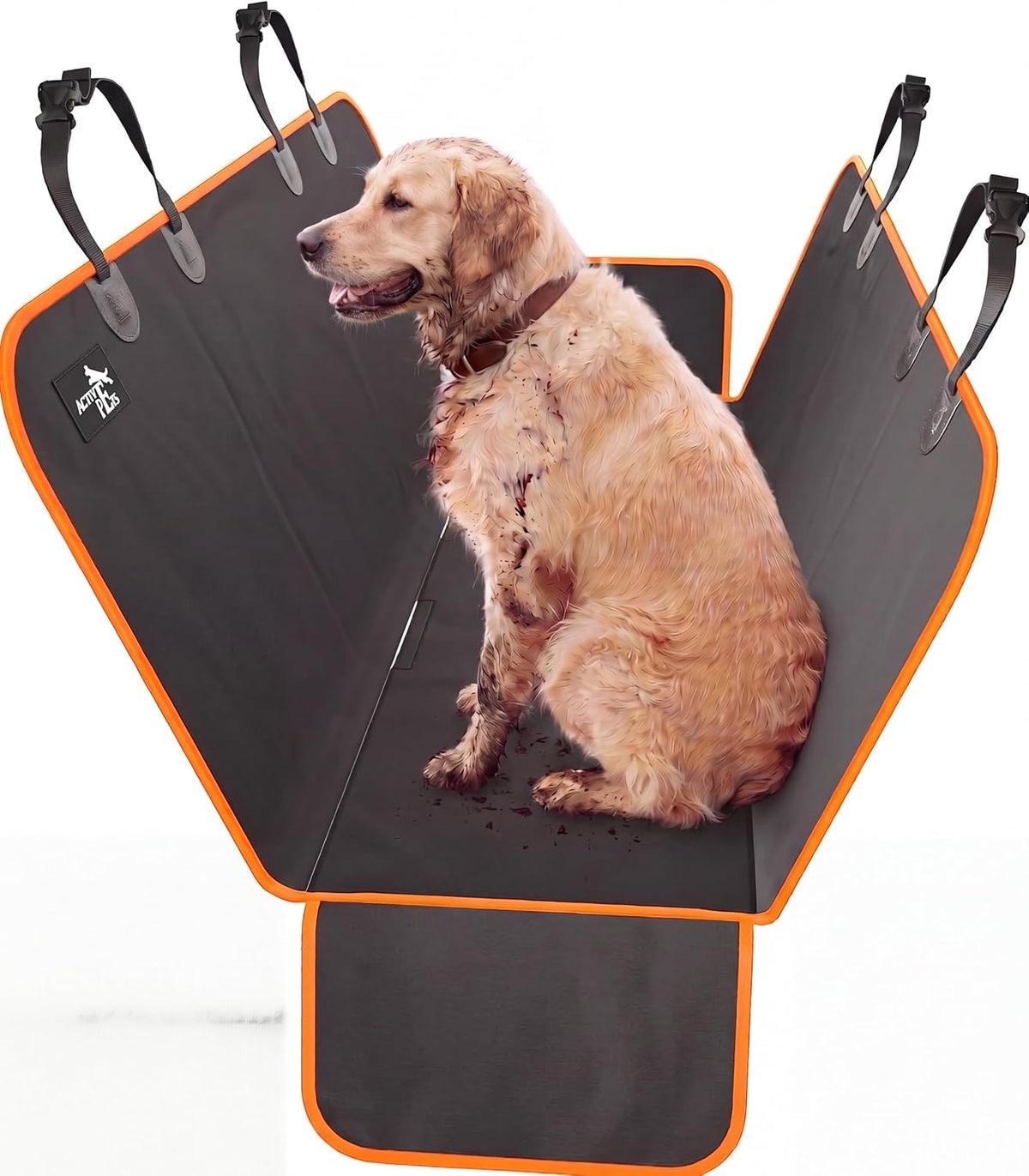 Active Pets Waterproof Hammock Standard Car Seat Cover, Fits Sedans Hatchbacks Crossovers Coupes Compact Vehicles, Secure Convertible Travel Bed Protects Backseat Cargo from Dogs, Black w/Orange Trim