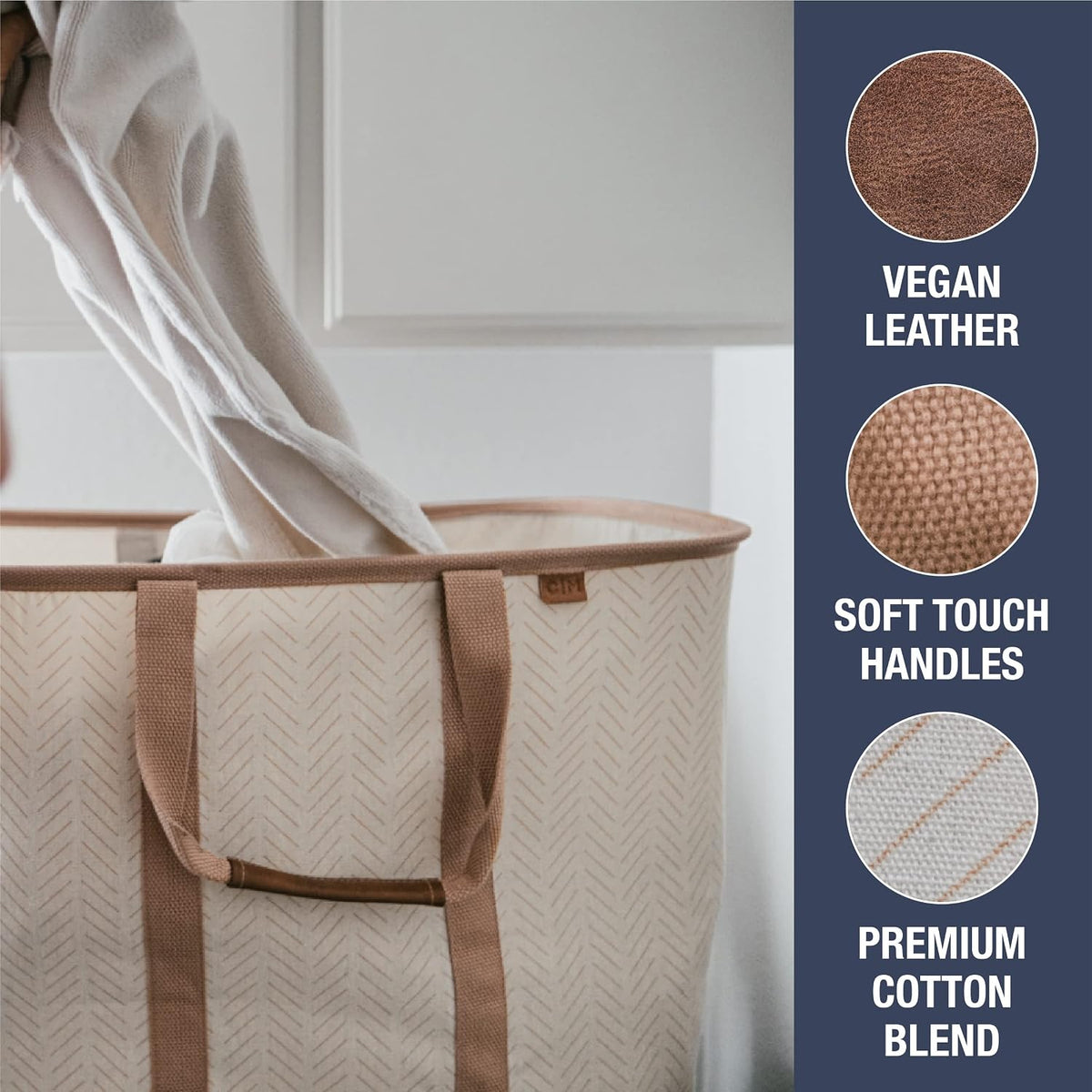 CleverMade Collapsible Laundry Tote 2-Pack (50L) – Foldable Carry-All Storage Bin for Laundry, Car Trunk, RV, Dorm & Home Organization – LUXE Cotton Blend with Vegan Leather Accents, Mocha