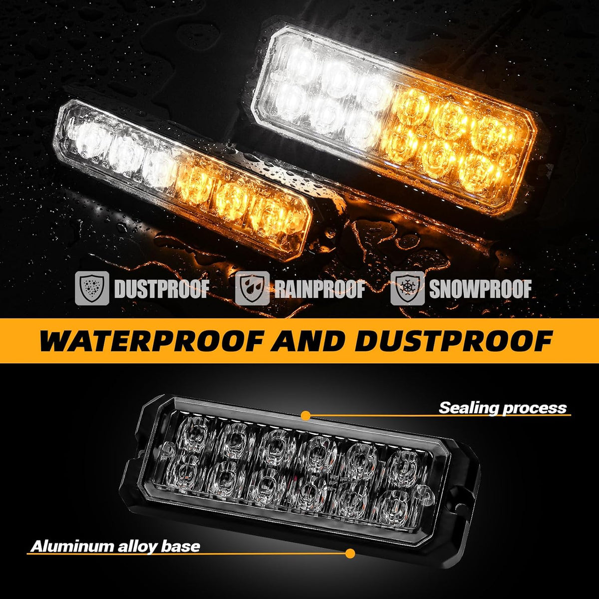 8-pcs Ultra Slim Amber White LED Emergency Flashing Strobe Lights for Vehicles, Trucks, and Cars Sync Feature Surface-Mount Beacon Hazard Light with Controller and Wiring Harness