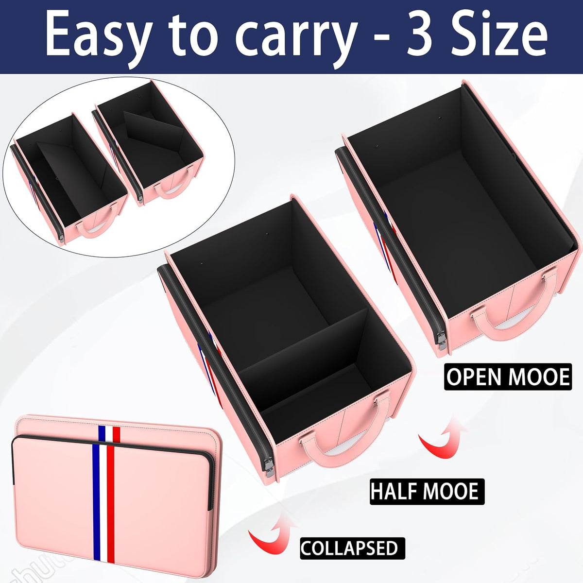 Homeve Trunk Organizer for Car, Waterproof Collapsible 3 Compartments Car Organizer, Foldable Storage for Car Accessories, Tools, Sundries for Women Men, Tote Bag (Pink, Standard)