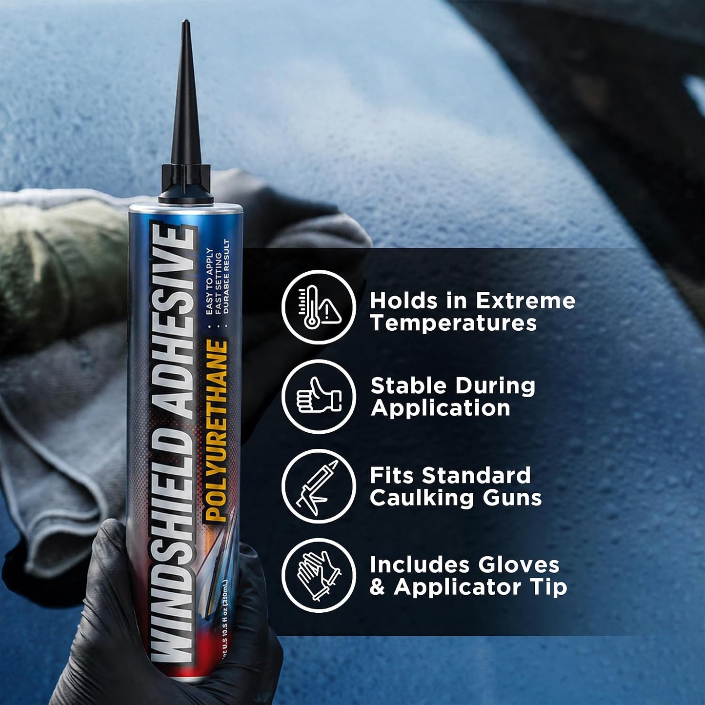 Urethane Windshield Adhesive - Quick Curing & Weather Resistant Auto Glass Adhesive, Vertical & Overhead Application, Windshield Repair Kit with Gloves, Applicator Tip & Cartridge - 310ml Black