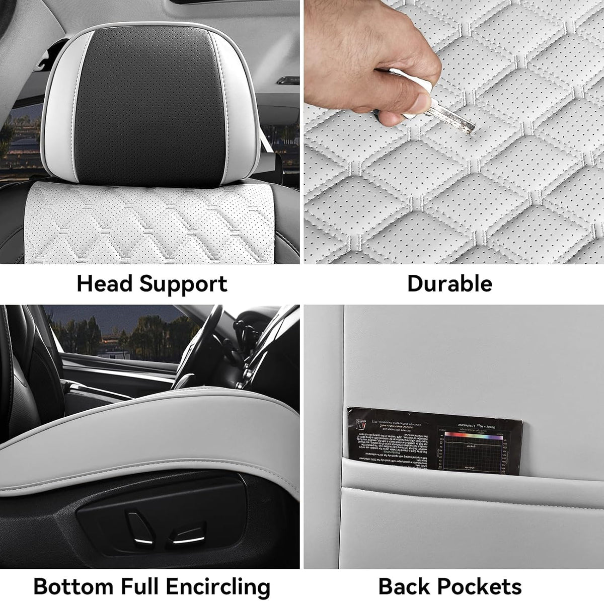 Car Seat Covers Full Set,5 Seat White Leather Seat Covers for Cars,Front Seats and Back Seat Cover,Waterproof Car Seat Cushion Protectors,Universal Fit for Most Cars SUV Trucks (White Black, Full Set)