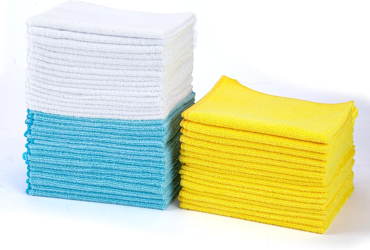 Amazon Basics Microfiber Cleaning Cloths, Ultra-Soft and Highly Absorbent, Streak-Free, Lint-Free, Scratch-Free, Washable, for Car Detailing and Glass Cleaning, 16" x 12", Green/Gray/Pink, 24-Pack