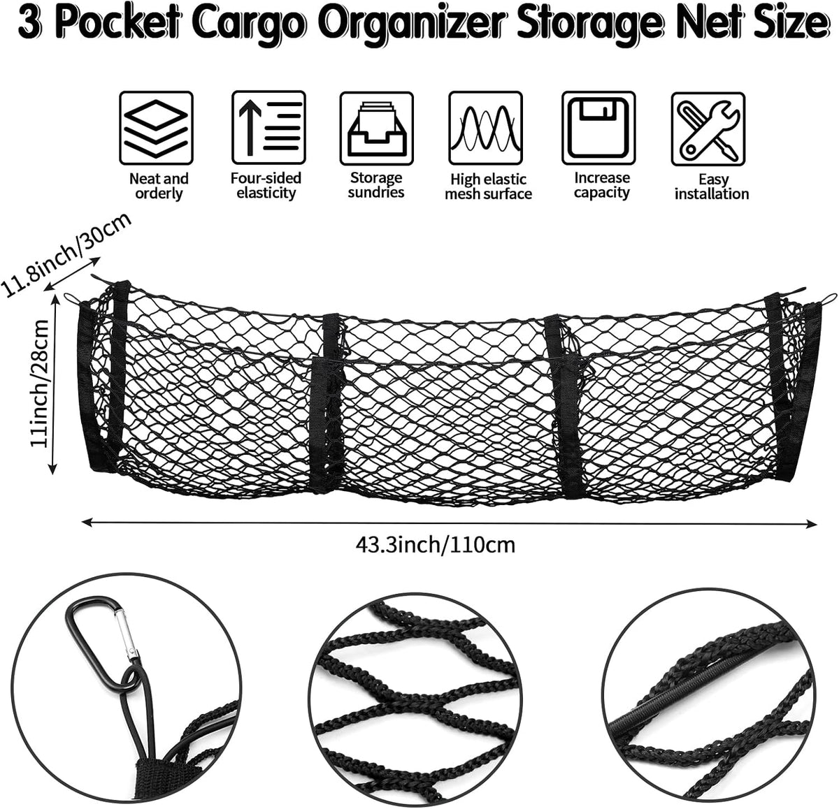 Tallew 2 Pcs Car Rear Cargo Net Adjustable, 43.3 x 15.7 Inches