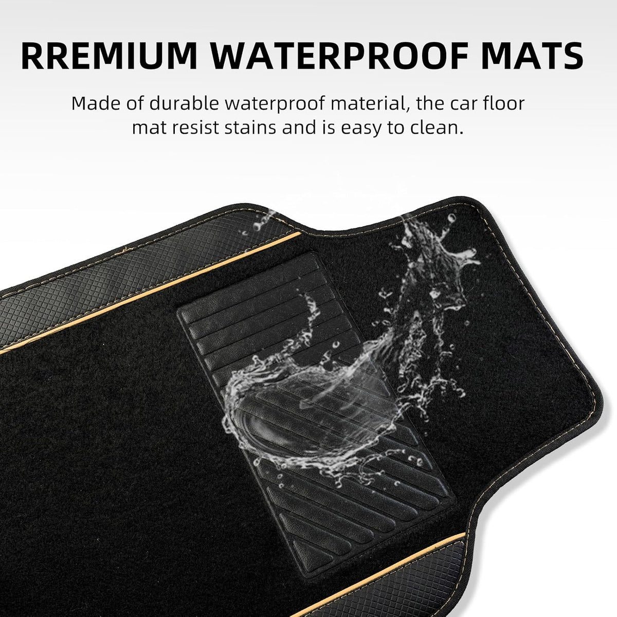 NBTEPEM Waterproof Universal Fit Car Floor Mats, Faux Leather Sporty Car Carpet Mats with Anti-Slip Nibbs Backing & Driver Heel Pad Fit for SUV, Vans, Sedans, Trucks, Set of 4 (Black with Beige line)