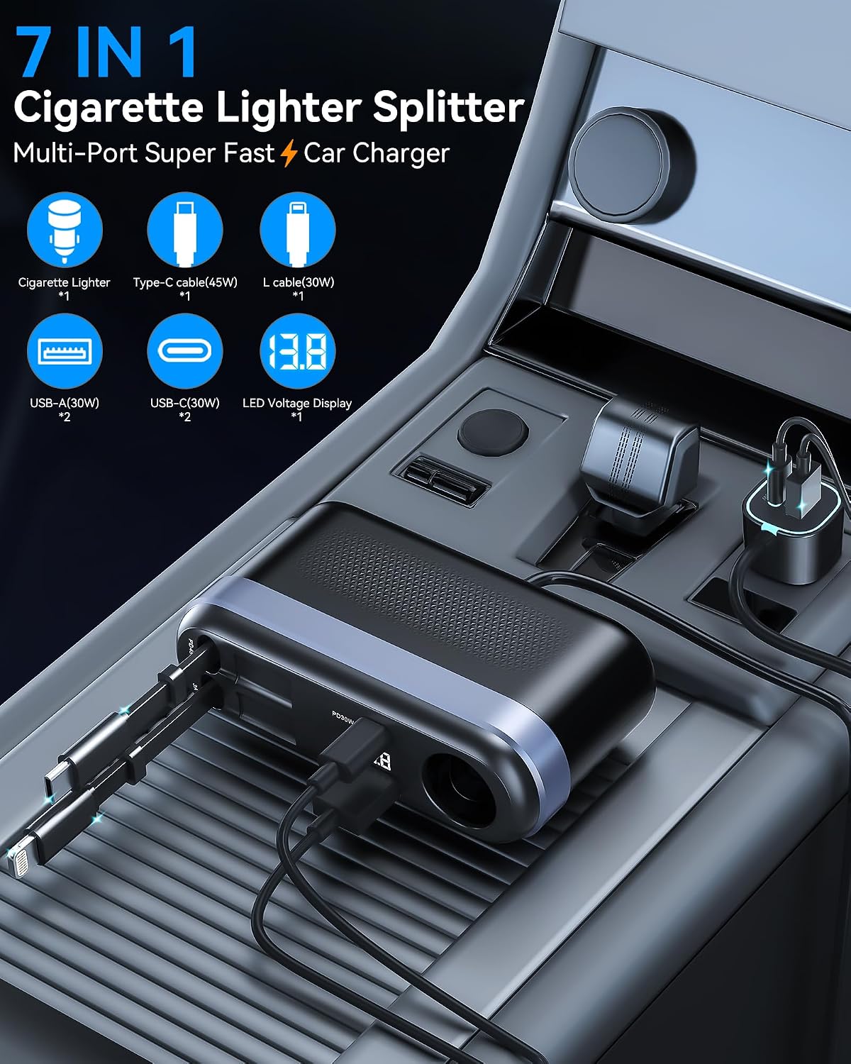 Estbuc 7-in-1 295W Retractable Car Charger Adapter, Fast Charging USB C Car Accessories with Cigarette Lighter Splitter, 45W Type-C & 30W Lightning Cables,4 USB Ports, Road Trip Tech Gifts for Men/Dad