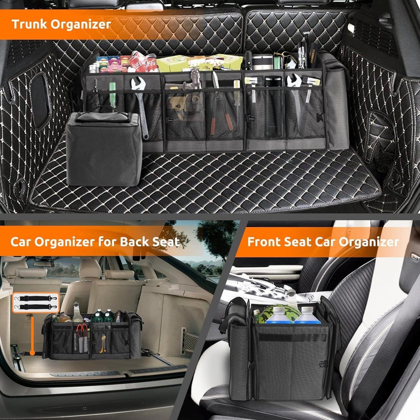 Large Trunk Organizer with Portable Leakproof Cooler Bag,Foldable Cover,Adjustable Securing Straps,Collapsible Trunk Organizer for Suv Car Truck Sedan (4-in-1 with Cooler)