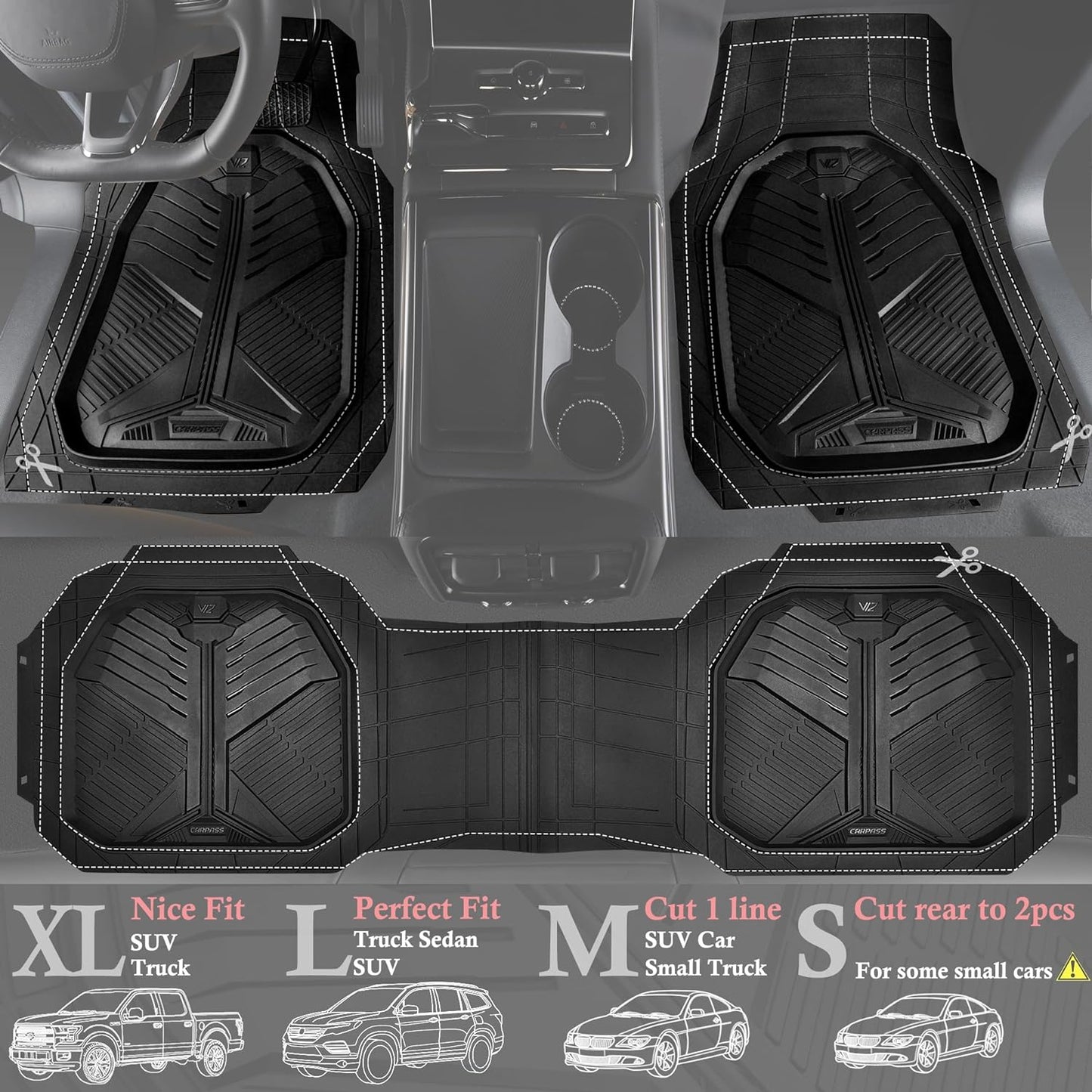 CAR PASS Heavy Duty Rubber Car Mats with Cargo Liner, Deep-Dish Car Floor Mats and Trunk Mat All Weather, Universal Trim-to-Fit for SUVs Trucks Sedans, Waterproof Anti-Slip, Trimmable V12 Black