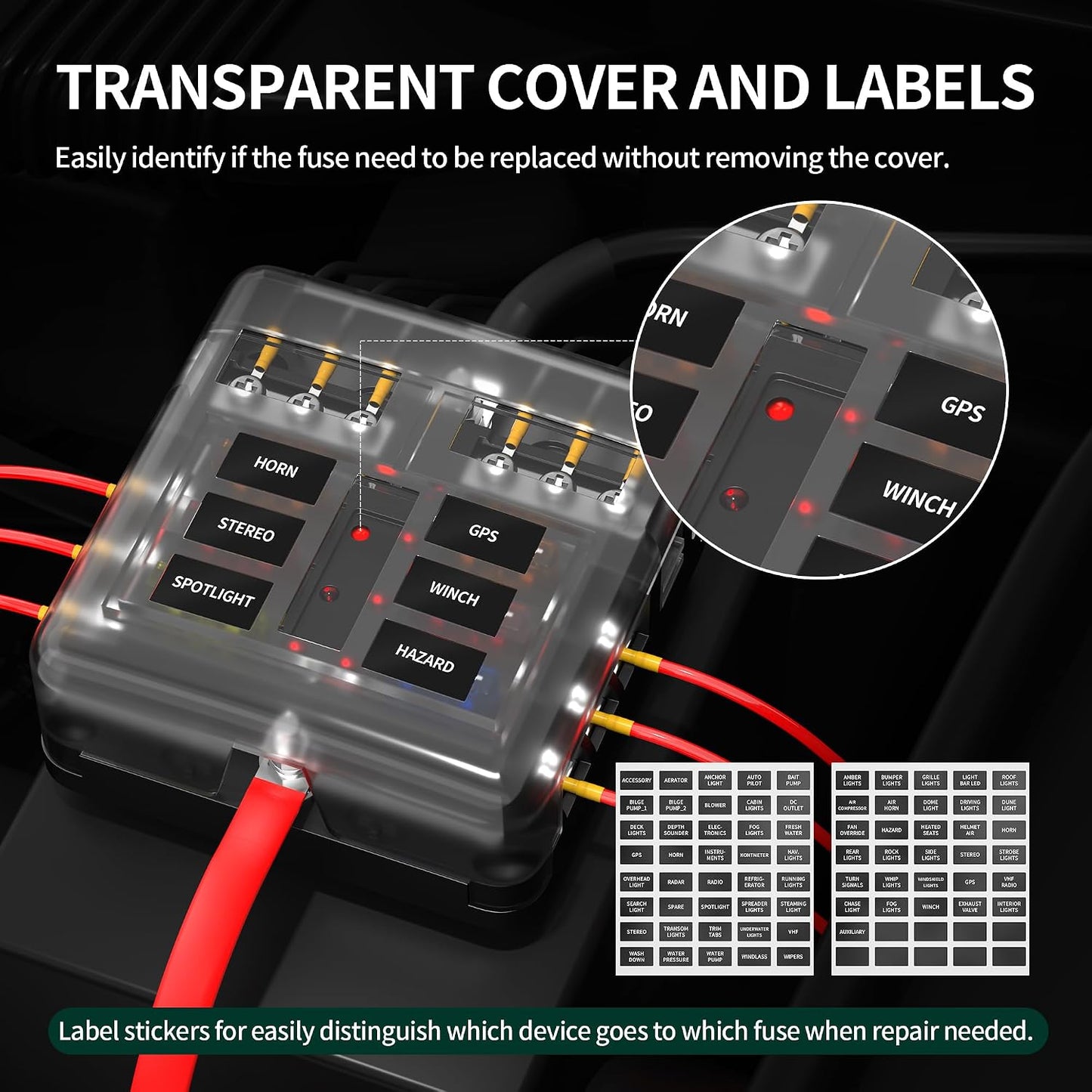DaierTek 12V Fuse Block 6 Way 12 Volt Fuse Box ATO/ATC Marine Fuse Panel with LED Indicator Light Waterproof 24V for Automotive Boat Car Truck