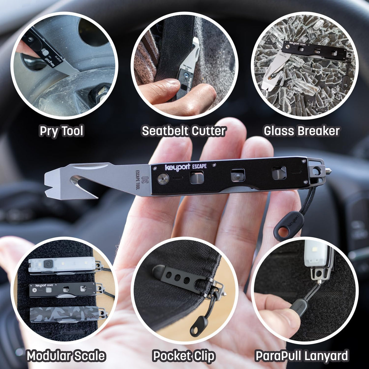Keyport Car Rescue Tool - Tungsten-Carbide Window Breaker & Seatbelt Cutter