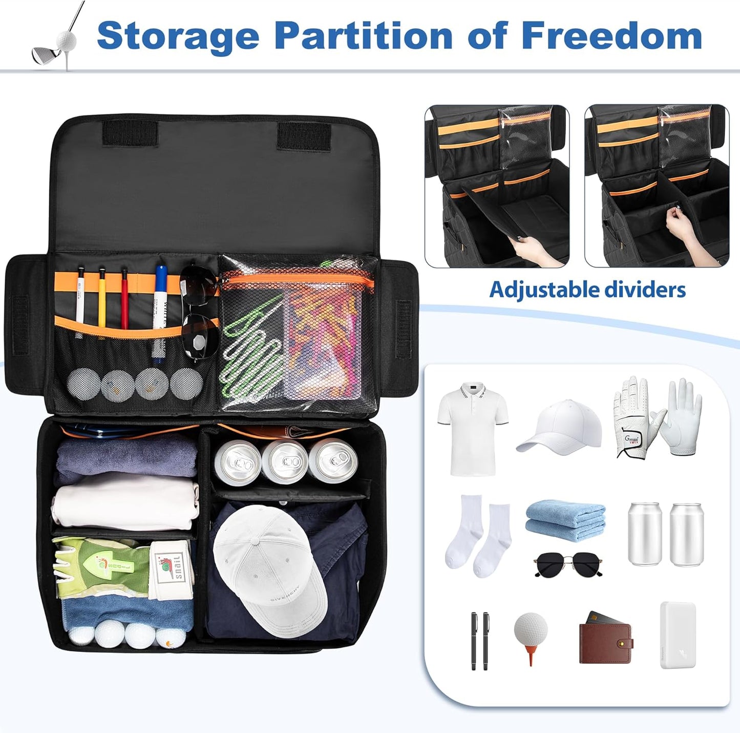 PGmoon Upgraded Golf Trunk Organizer, Golf Car Organizer with Separate Ventilated Compartment for 2 Pair Shoes, Golf Storage with Multi-Compartment for Golf Accessories, Gifts for Golfers