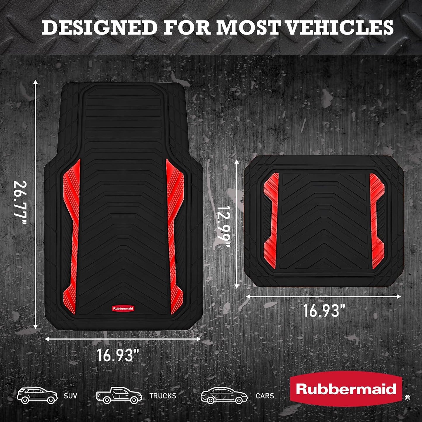 Rubbermaid Car Floor Mat, Heavy Duty All-Weather Car Mats Full Set with Dual-Tone Red Aluminum Inserts – Universal Fit, Anti-Slip Backing, Trim-to-Fit for Most SUV, Sedan, Van