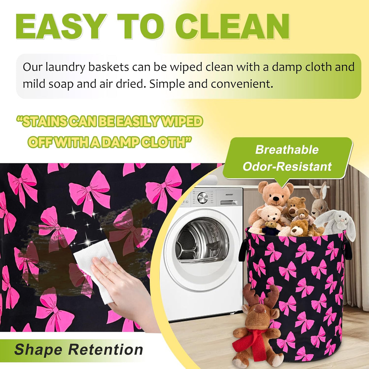 Pink Bow Laundry Basket Foldable Waterproof Bowknot Hamper 18.9 x 16.5 Inch