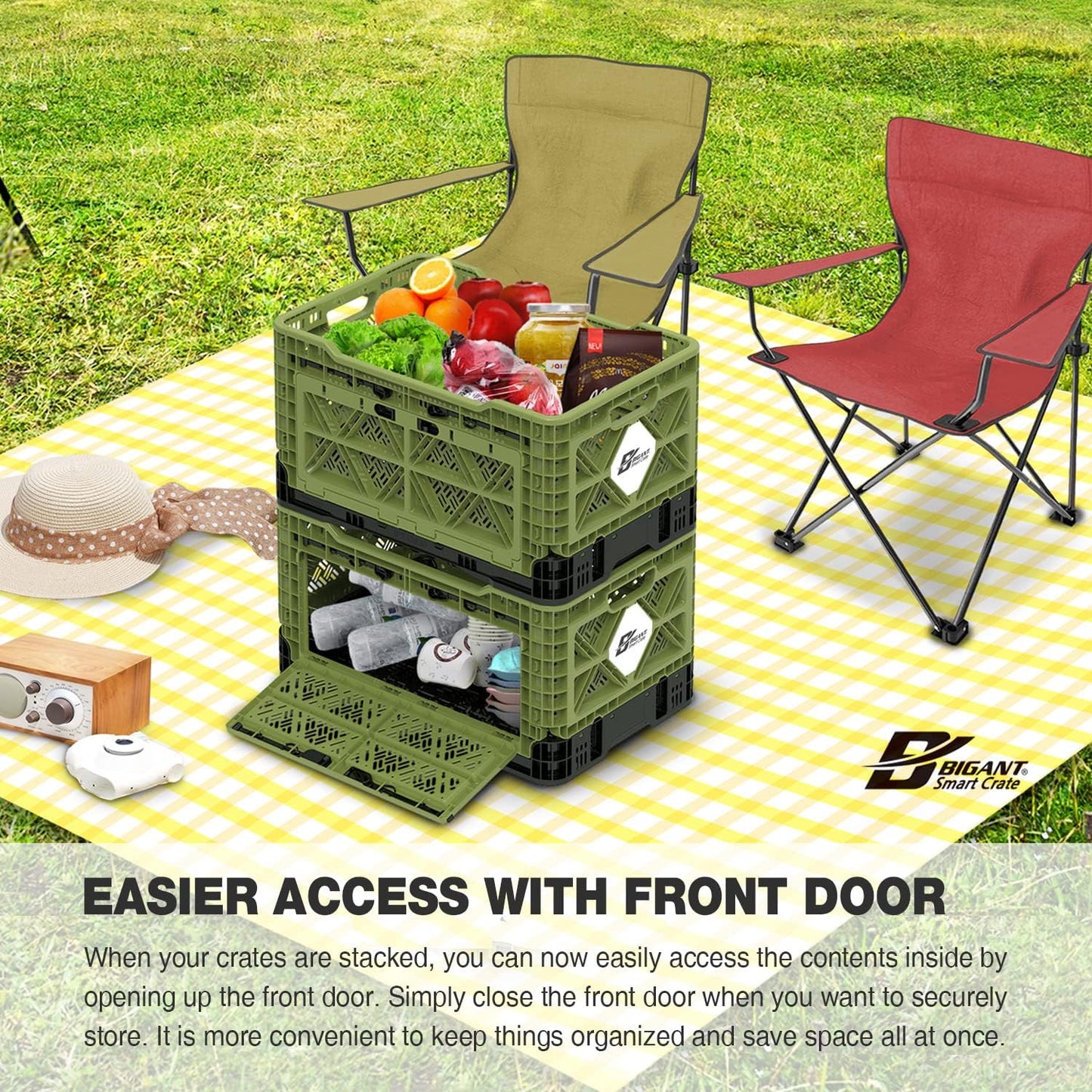 Bigant Heavy Duty Collapsible & Stackable Plastic Milk Crate-Medium Size, Black, Stackable Open Front Organizer, Set of 1, Snap Lock Foldable Industrial Garage Storage Bin Container Utility Basket