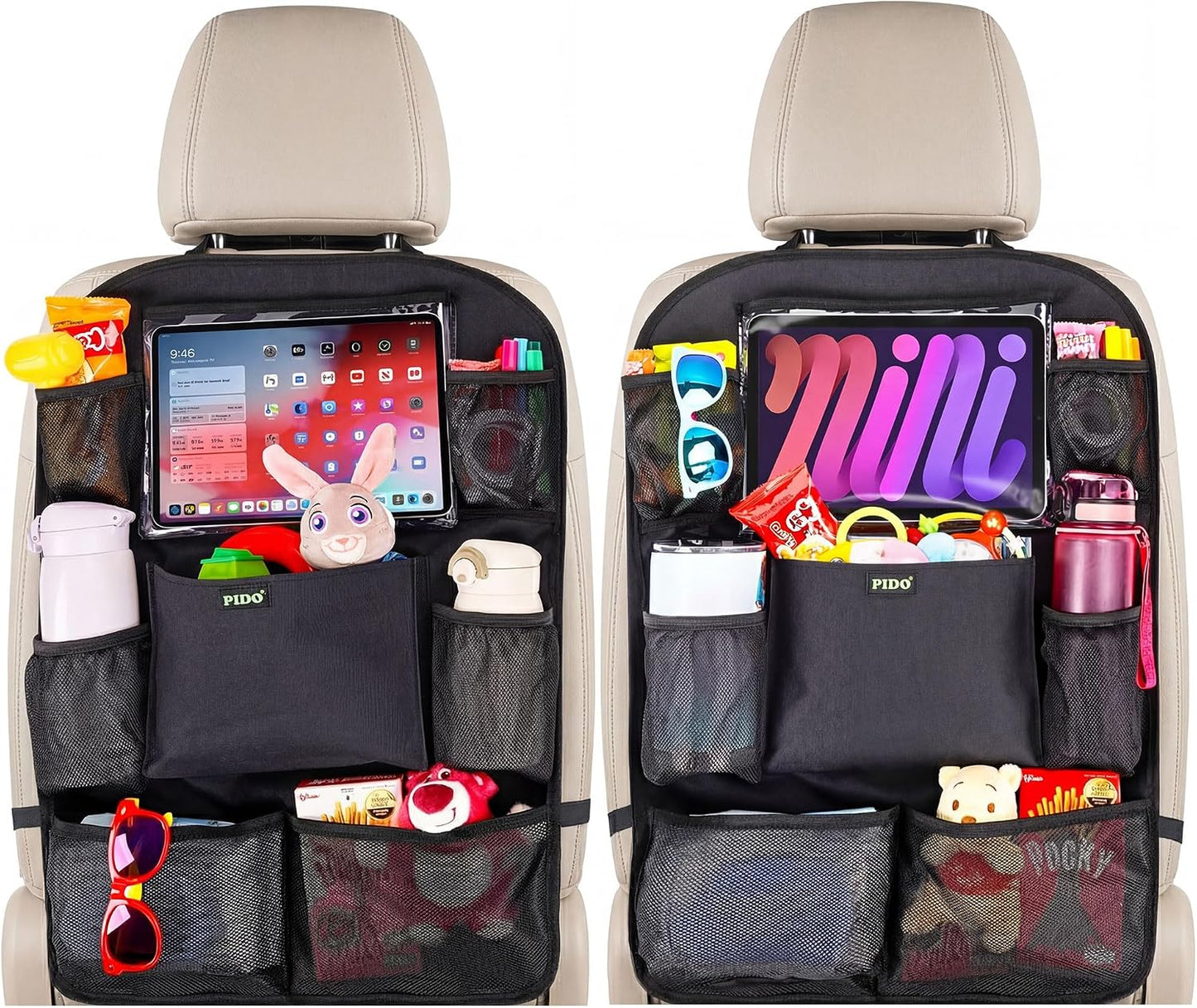PIDO Backseat Car Organizer, 2 Pack Car Seat Organizer for Kids with Touch Screen Tablet Holder and 8 Pockets, Automotive Seat Back Kick Mat Made with Heavy Duty Fabric, Road Trip Essentials, Black