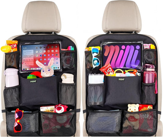 PIDO Backseat Car Organizer, 2 Pack Car Seat Organizer for Kids with Touch Screen Tablet Holder and 8 Pockets, Automotive Seat Back Kick Mat Made with Heavy Duty Fabric, Road Trip Essentials, Black