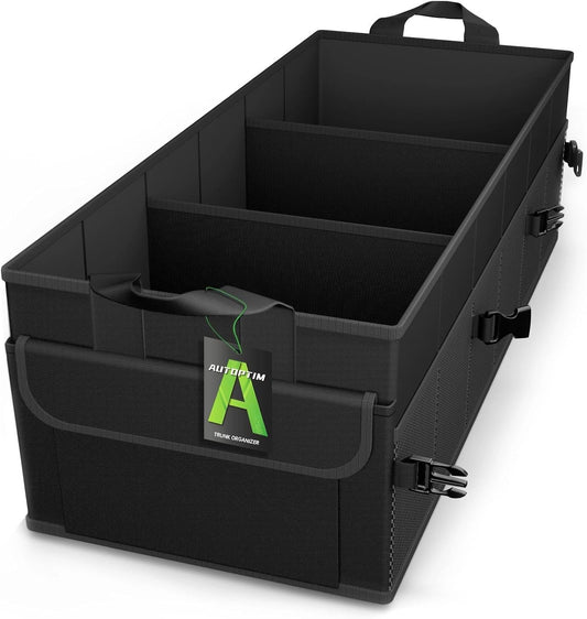 AUTOPTIM Car Trunk Organizer - 85L Collapsible Car Organizer with Non Slip Bottom & Multiple Pockets for Groceries, Trunk Storage with Base Panel for SUV Sedan Van, 3 Compartments (Black, X-Large)