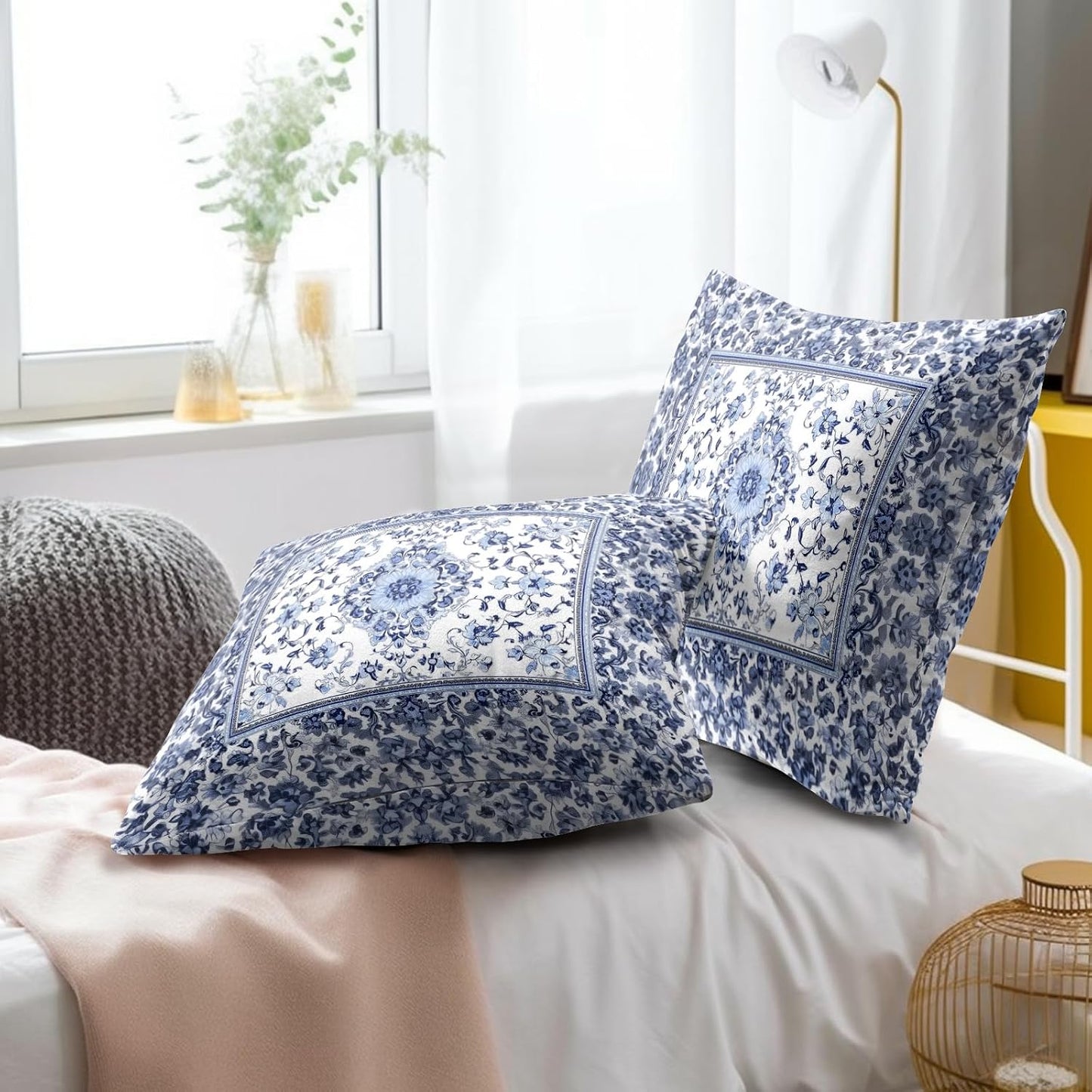 Giwawa Boho Floral Pillow Covers 16x16 Inch Blue Leaves Decorative Pillow Cases Set of 2 Square Throw Pillows for Cushion Sofa Couch Outdoor Decor