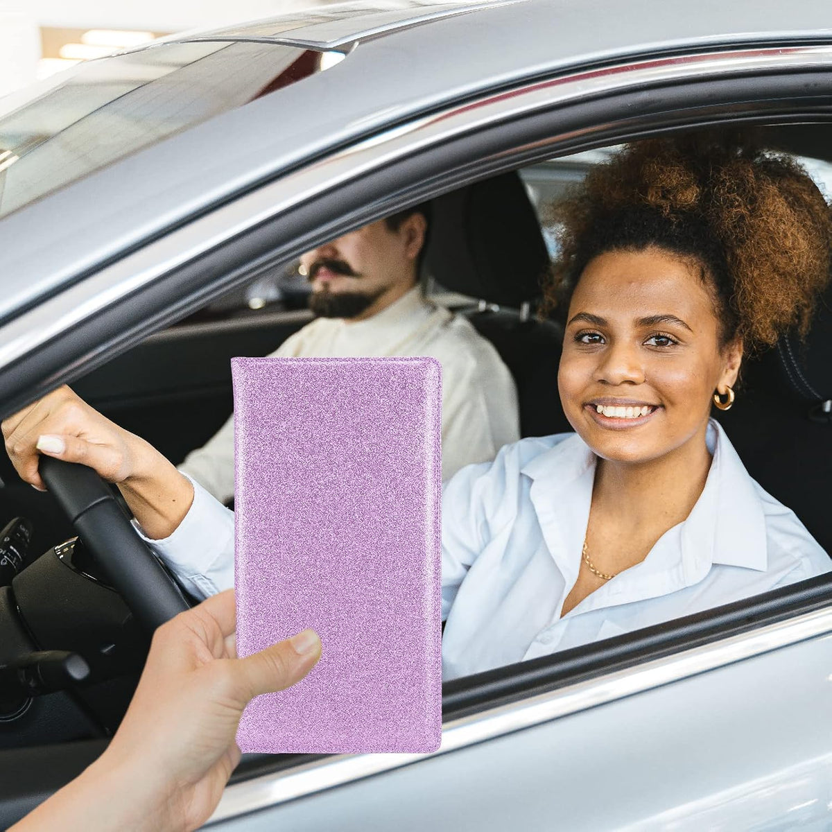 Leather Car Registration and Insurance Holder Magnetic Shut, Glitter Purple