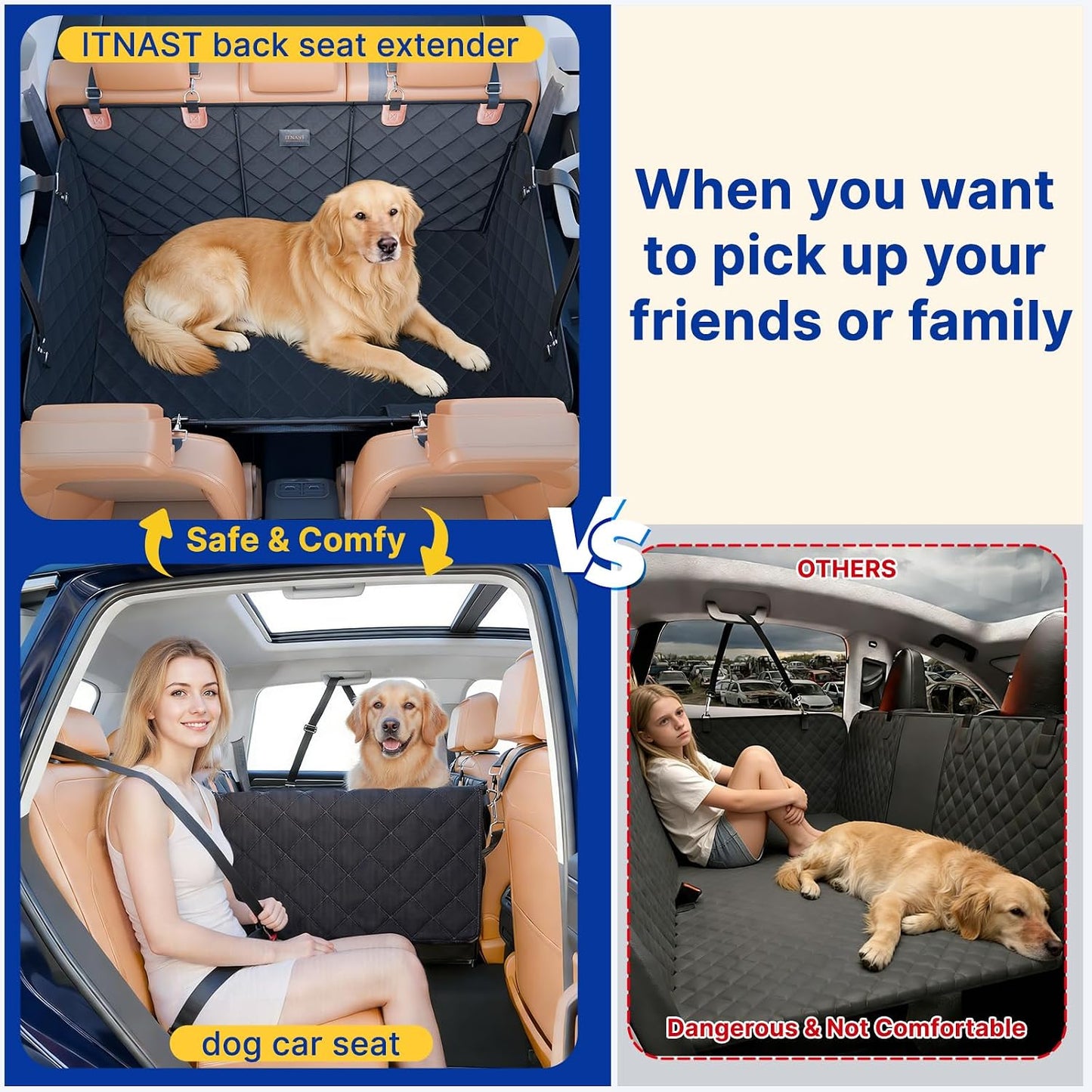Convertible Back Seat Extender for Dogs, Foldable 400lbs Hard Bottom Dog Car Seat Cover for Back Seat, Waterproof Dog Hammock Bed Backseat Cover for Dogs in Car SUV Truck Pet Seat Cover Black M