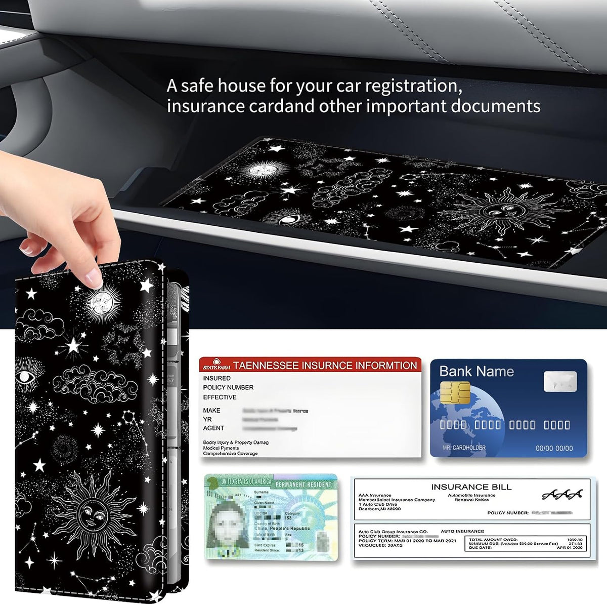 Premium Car Registration and Insurance Card Holder, Cute PU Leather Car Document Holder, Vehicle Glove Box Car Organizer with Magnetic Closure for Driver License, Cards Black Celestial Sky