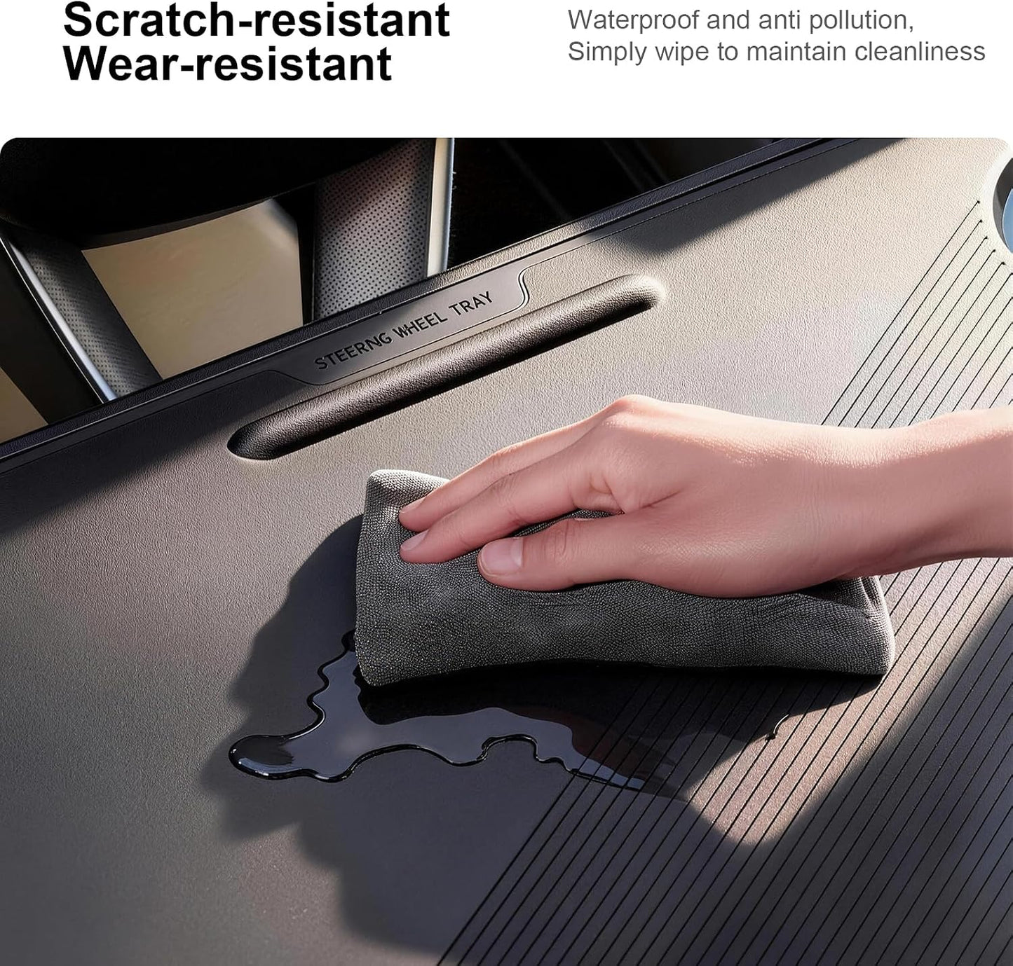 2-in-1 Car Steering Wheel Desk Tray & Car Seat Gap Filler Organizer – Silicone Look Table for Laptop, Eating Food, Writing – Work Road Trip Essentials Accessories (Black)