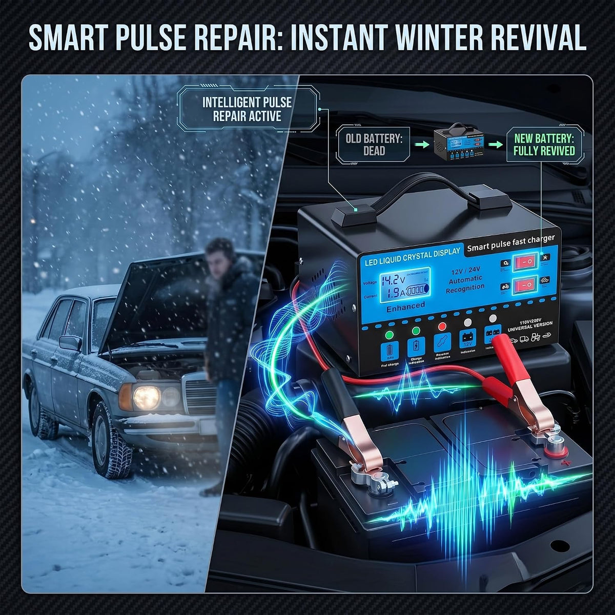 12V/24V Smart Car Battery Charger with LCD Display, Automatic Battery Maintainer & Trickle Charger, Temperature Compensation, Overcharge Protection for Cars, Trucks, SUVs & Motorcycles