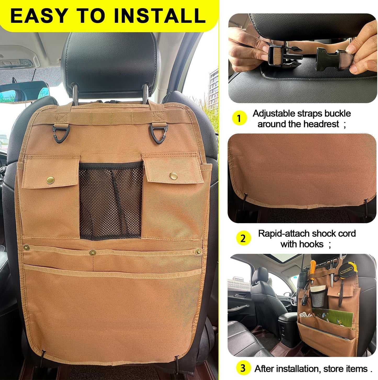 Car Seat Back Organizer with Multiple Pockets and Hooks (brown)
