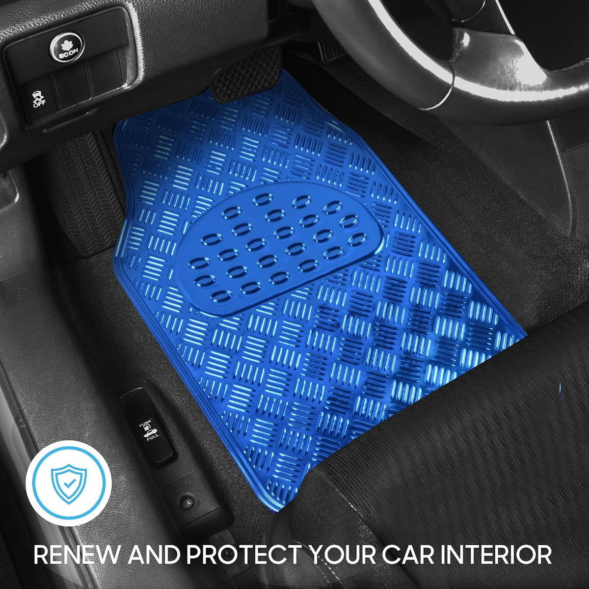BDK Metallic Chrome Car Floor Mats All-Weather Universal Fit Automotive Floor Mats for Cars SUVs, Floor Mats for Trucks, Car Mats Full Set Front & Rear, Non-Slip Backing - Blue