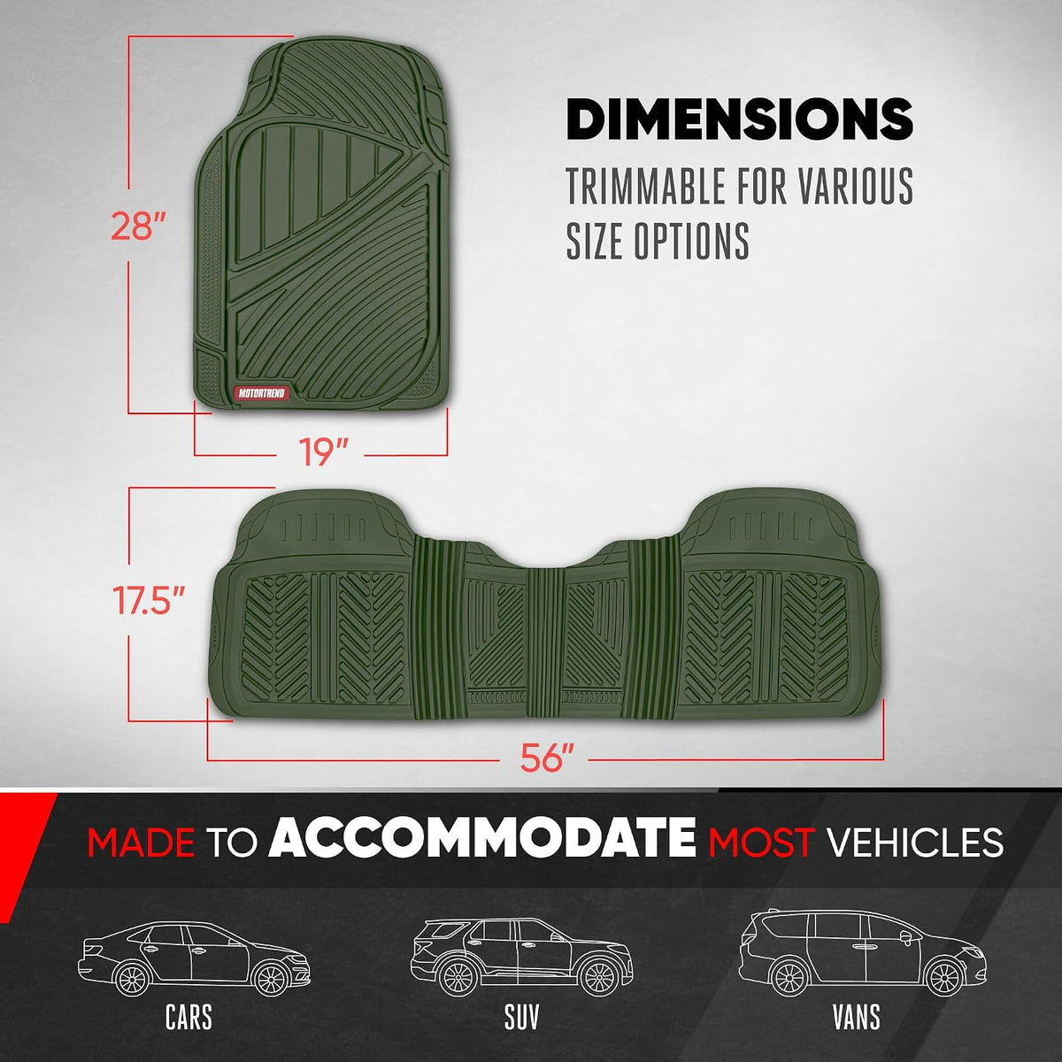 Motor Trend FlexTough Performance All Weather Rubber Car Floor Mats - 3 Piece Floor Mats Automotive Liners for Cars Truck SUV, Heavy-Duty Waterproof (Green)