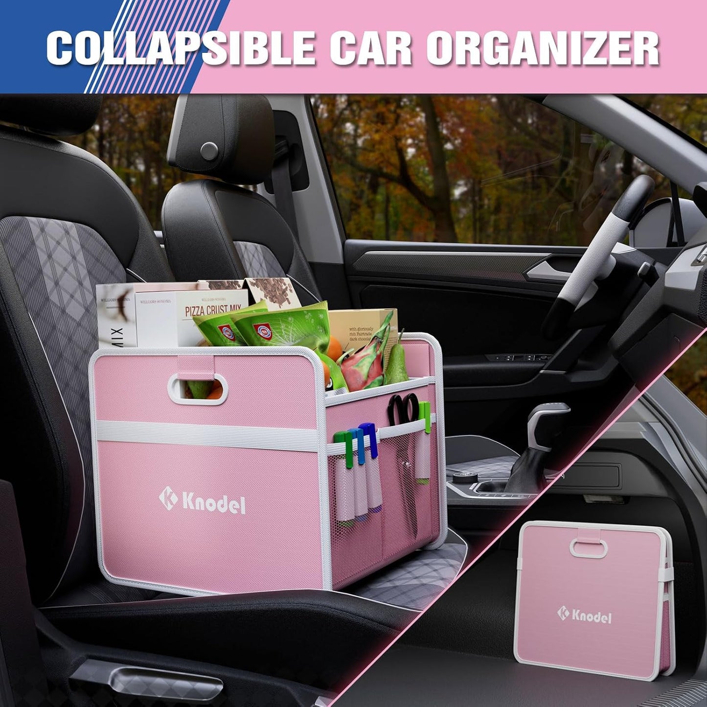 K KNODEL Car Trunk Organizer, Foldable Organizer for Car, Automotive Consoles & Organizers, Storage with Reinforced Handles (Small, Pink)