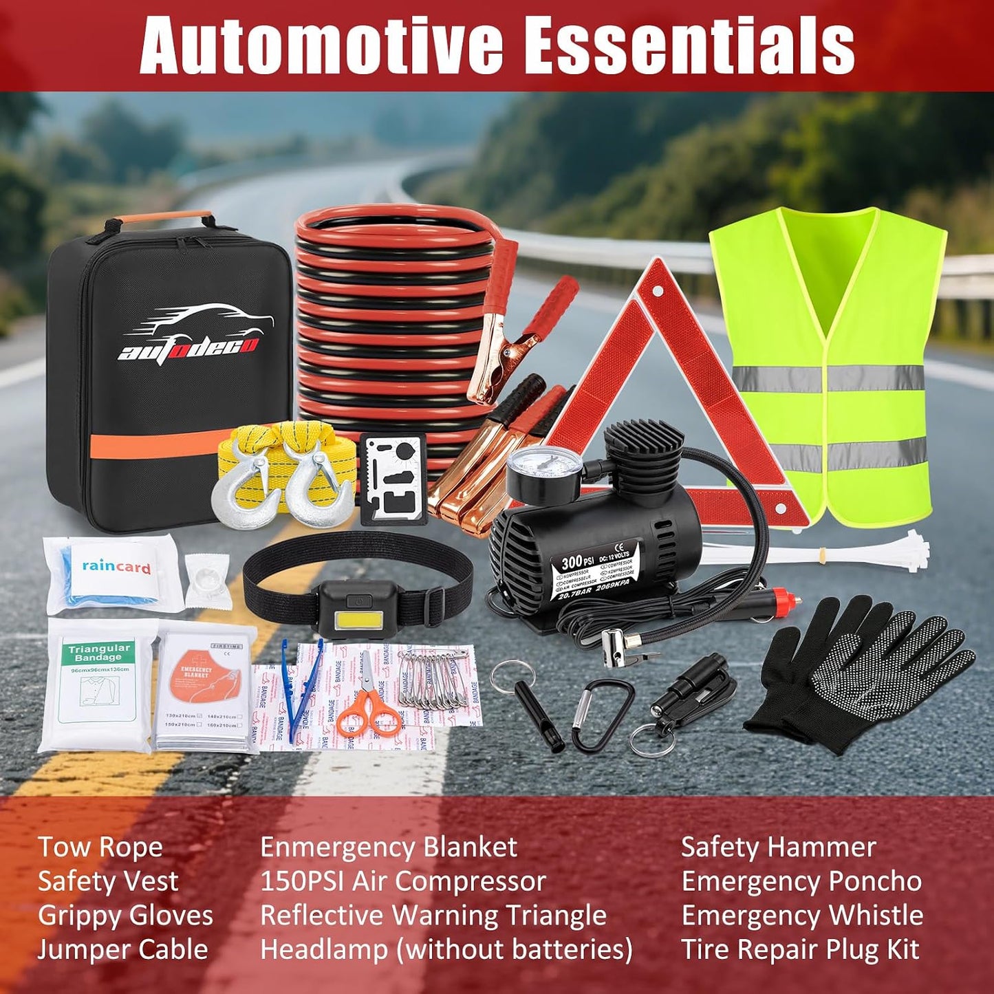 Car Roadside Emergency Kit, Car Safety Kit Portable Vehicle Kits for Emergency with Jumper Cables, Tow Straps, Safety Hammer, Black