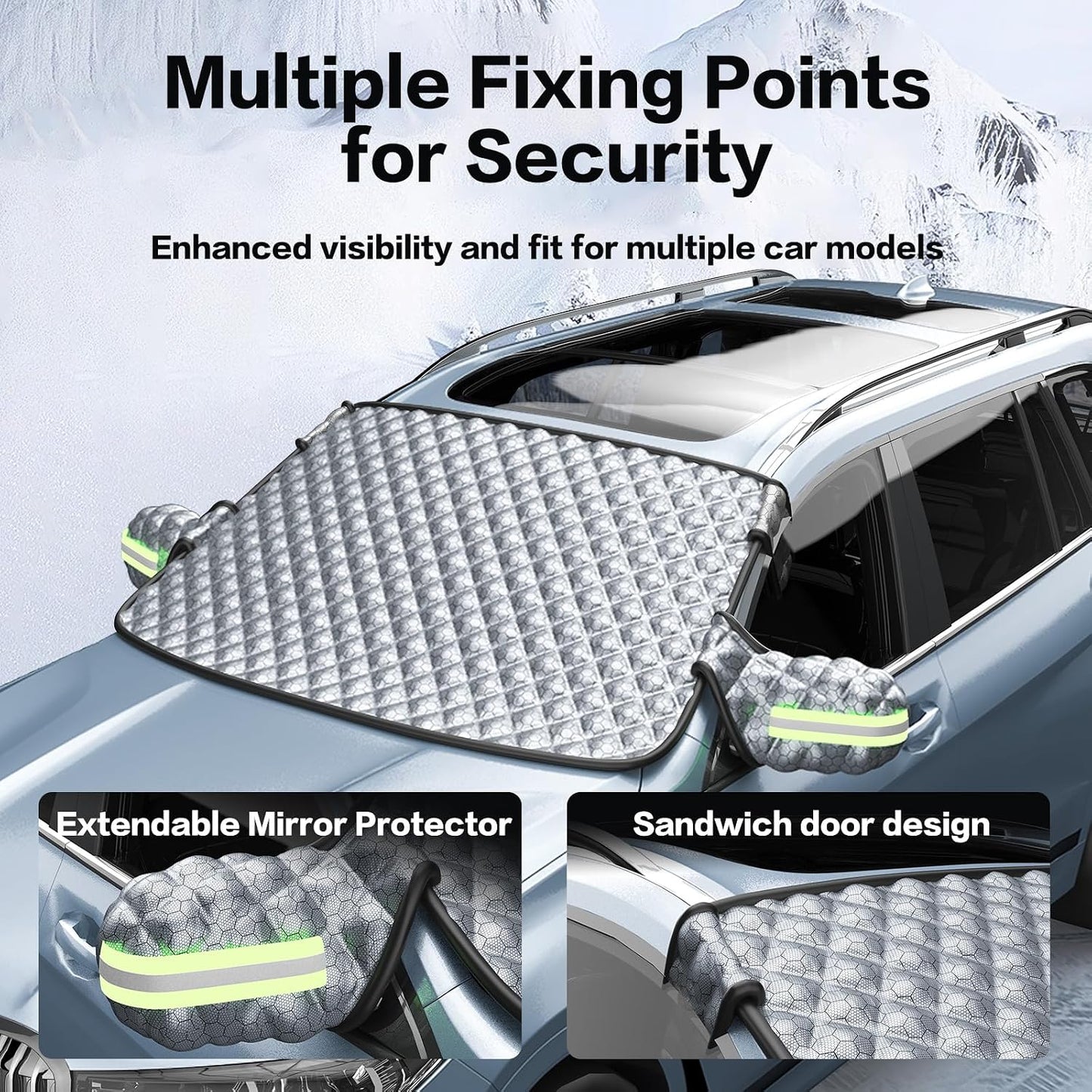 Exterior Windshield Cover for Ice and Snow, Graphene Grid Heavy-Duty Windshield Sun Shade, Car Snow Shield with Mirror Covers, Wiper Area Coverage for Cars, SUVs and Trucks, Large