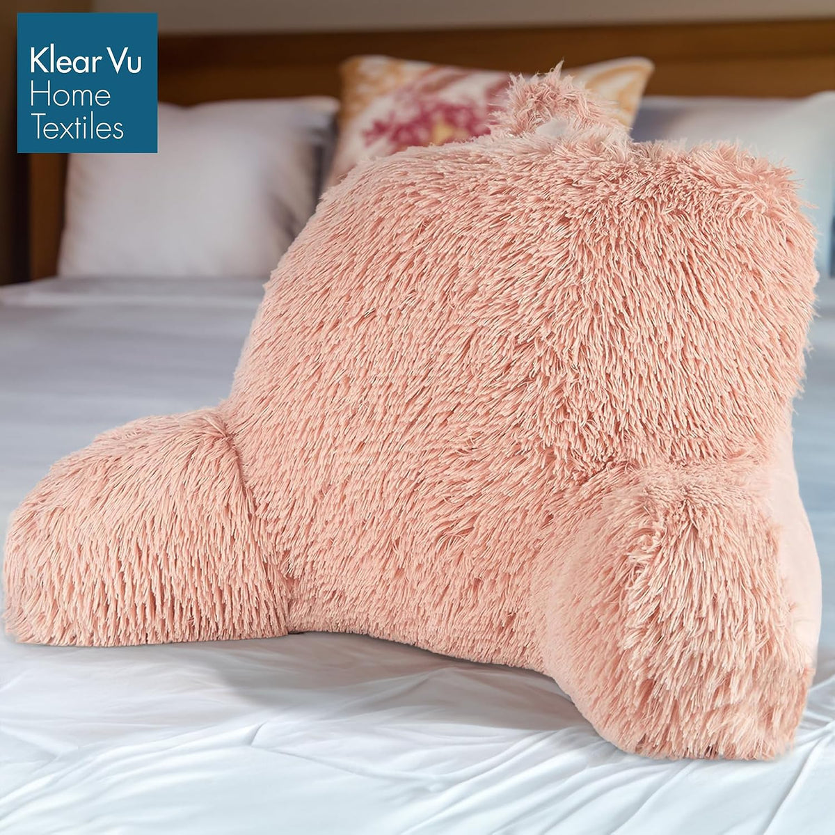 Klear Vu Shaggy Reading Pillow Back Rest Body Pillow for Adults and Kids, Lumbar and Arm Support on Bed, Chair, Couch, Sofa and Floor, 30" x 21", One Size, Apricot Sherbert