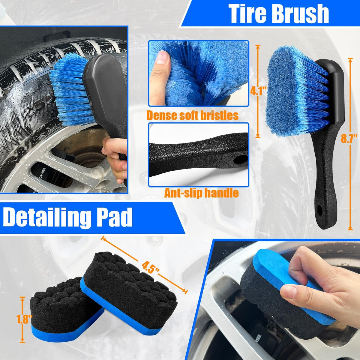 Wheel Brush Kit, Soft Drill Wheel Cleaner Brush, Tire Brush, Detailing Brush, and Detailing Pads, No Scratches Car Wheel Cleaning Kit for Wheels, Tire, Rims, Engines, Exhaust(Blue + White 9 Pk)