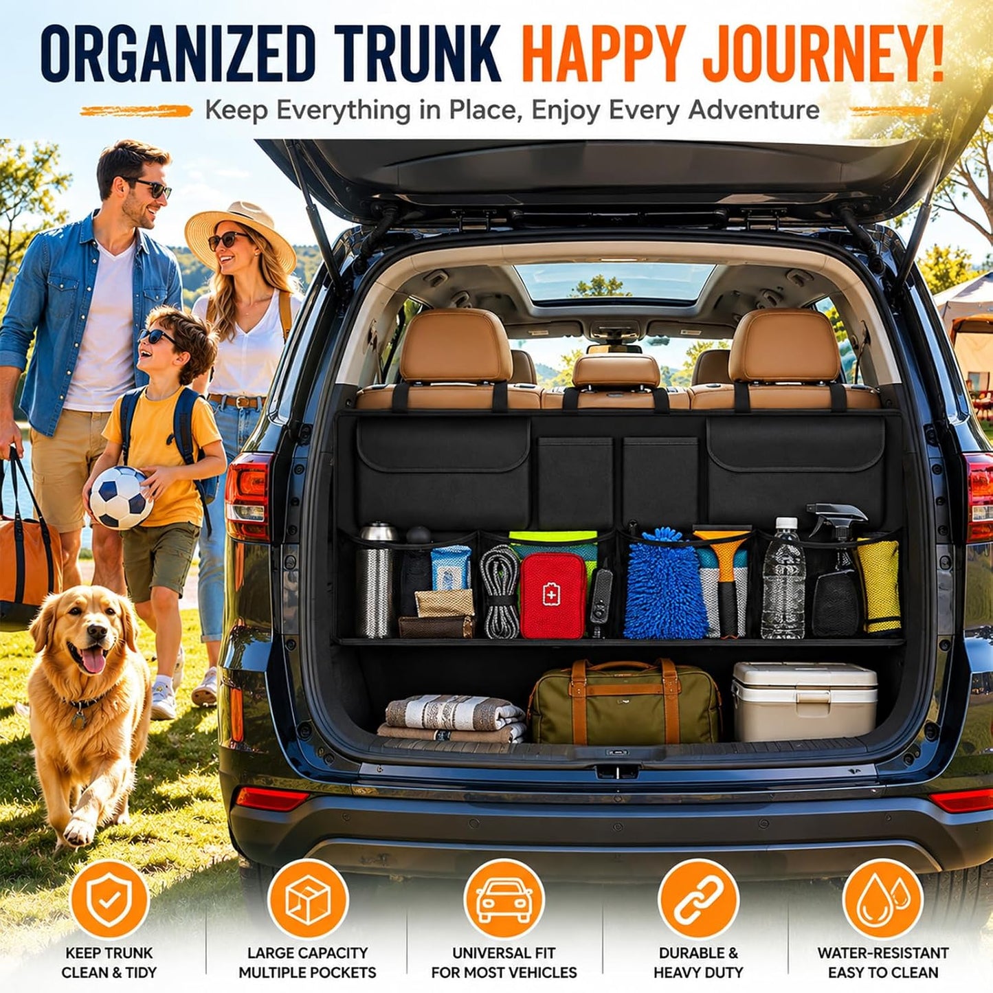 Car Trunk Organizer, Large Capacity Backseat Trunk Storage Organizer with 8 Pockets, Foldable SUV Cargo Organizer for SUV, Truck, Van & MPV, Black